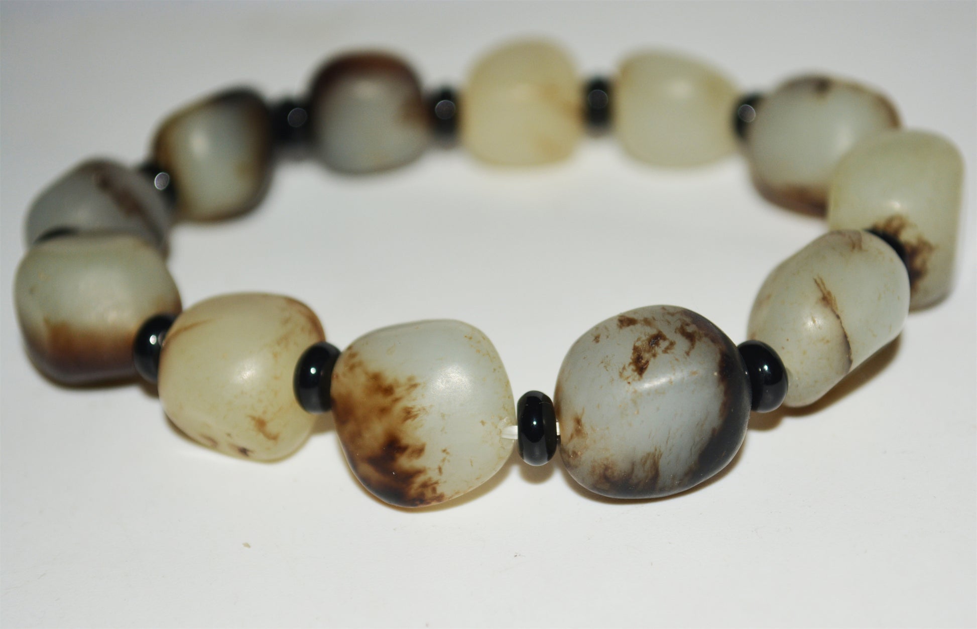 Real Chinese Old Antique Black White Hetian Jade Bracelet Nephrite Hotan Mala Prayer Beads Rosary Genuine River Pebble Mutton Fat  Authentic Natural 和田玉黑皮籽料手串