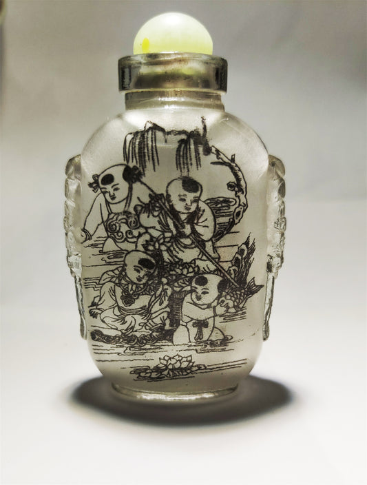 Real Chinese Old Antique Peking Glass Snuff Bottle Inside Painted Hand Oriental Collectable Kids Happy Children