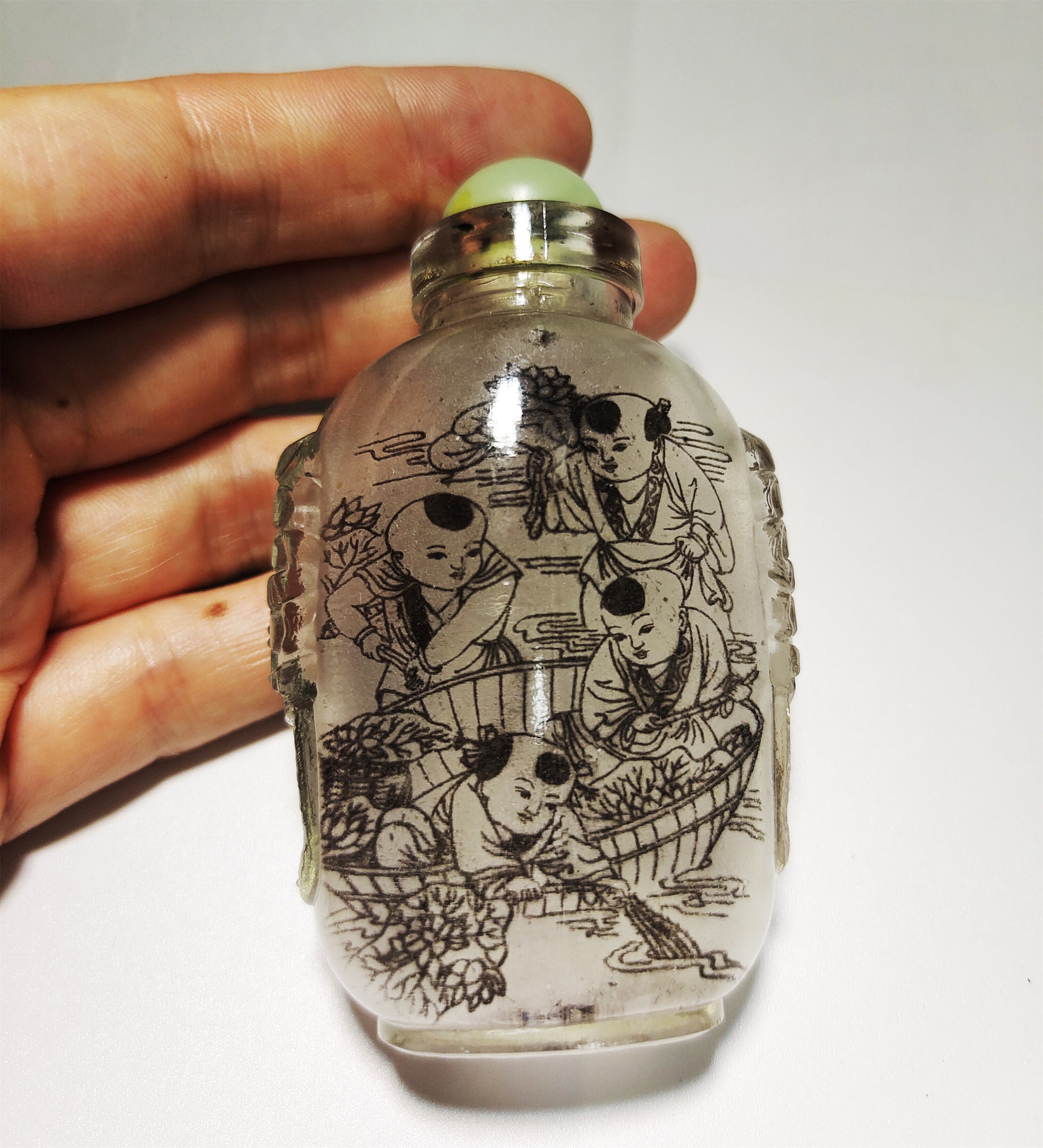 Real Chinese Old Antique Peking Glass Snuff Bottle Inside Painted Hand Oriental Collectable Kids Happy Children