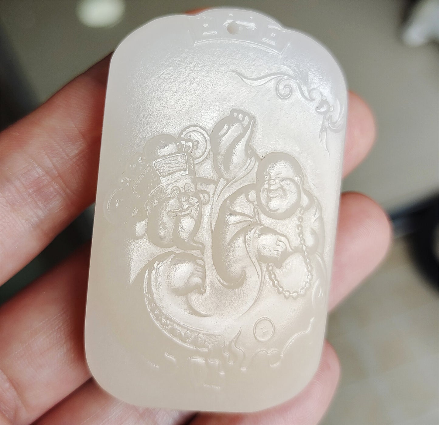 Real Chinese Old Antique White Hetian Jade Happy smile Buddha Pendant Nephrite Hotan God of wealth Genuine River Pebble Mutton Fat  Authentic natural