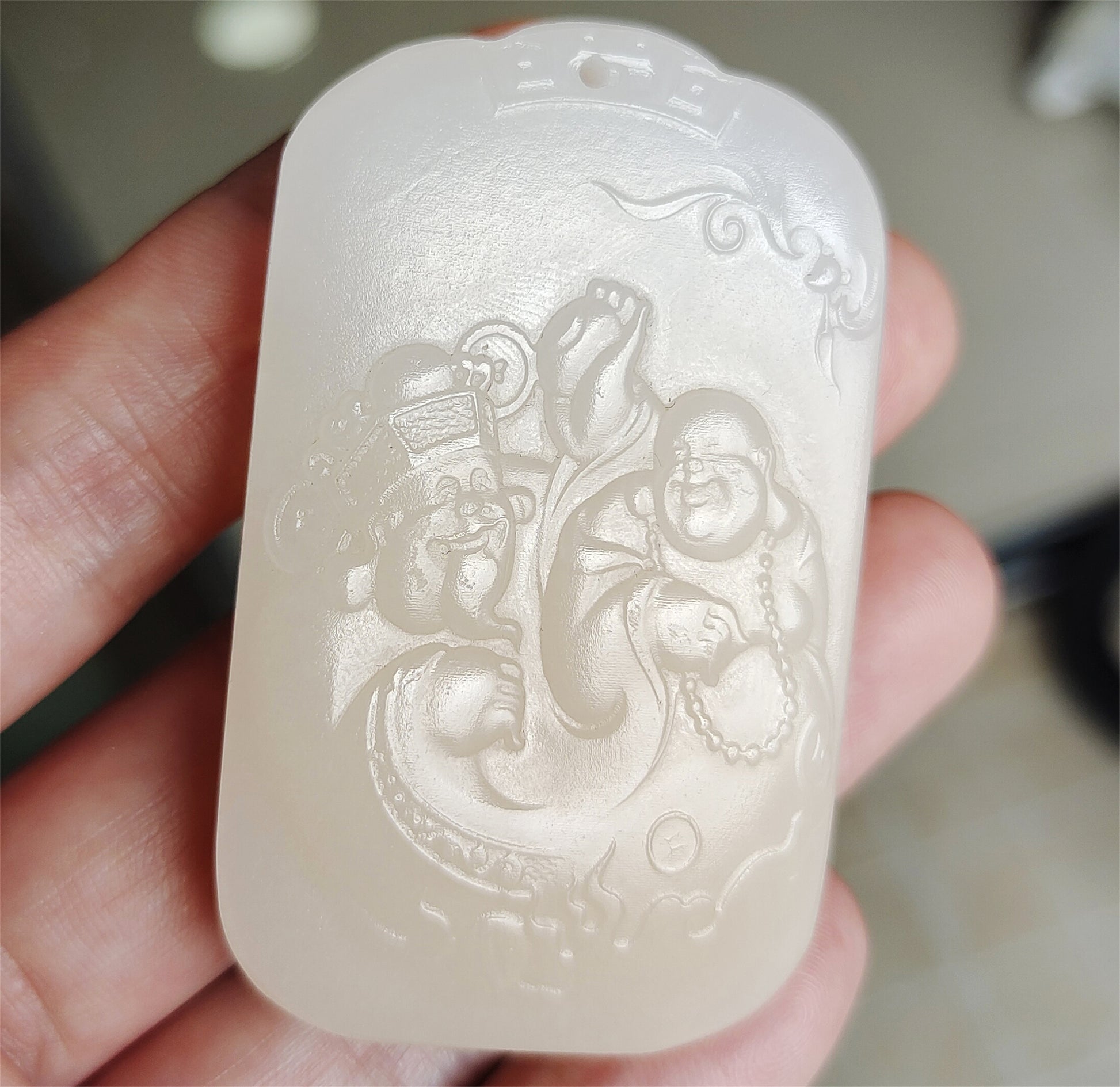 Real Chinese Old Antique White Hetian Jade Happy smile Buddha Pendant Nephrite Hotan God of wealth Genuine River Pebble Mutton Fat  Authentic natural