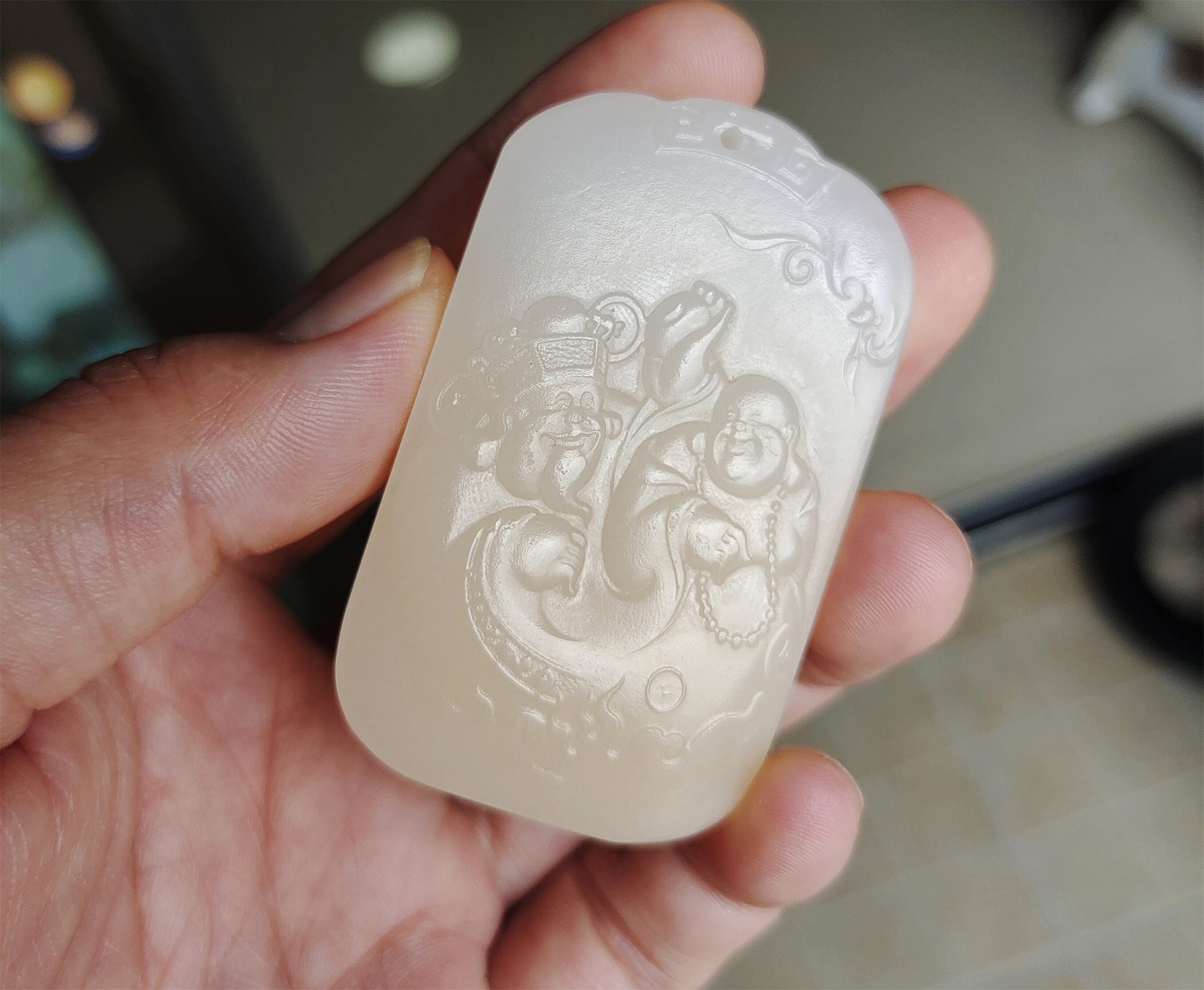 Real Chinese Old Antique White Hetian Jade Happy smile Buddha Pendant Nephrite Hotan God of wealth Genuine River Pebble Mutton Fat  Authentic natural