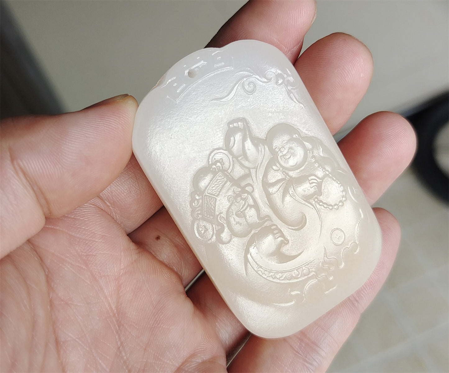 Real Chinese Old Antique White Hetian Jade Happy smile Buddha Pendant Nephrite Hotan God of fortune Genuine River Pebble Mutton Fat  Authentic natural