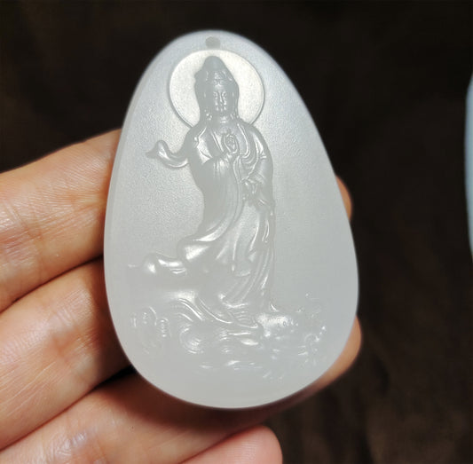 Real Chinese Old Antique White Hetian Jade Kwan Yin Buddha Pendant Nephrite Hotan Guanyin Genuine River Pebble Mutton Fat  Authentic natural