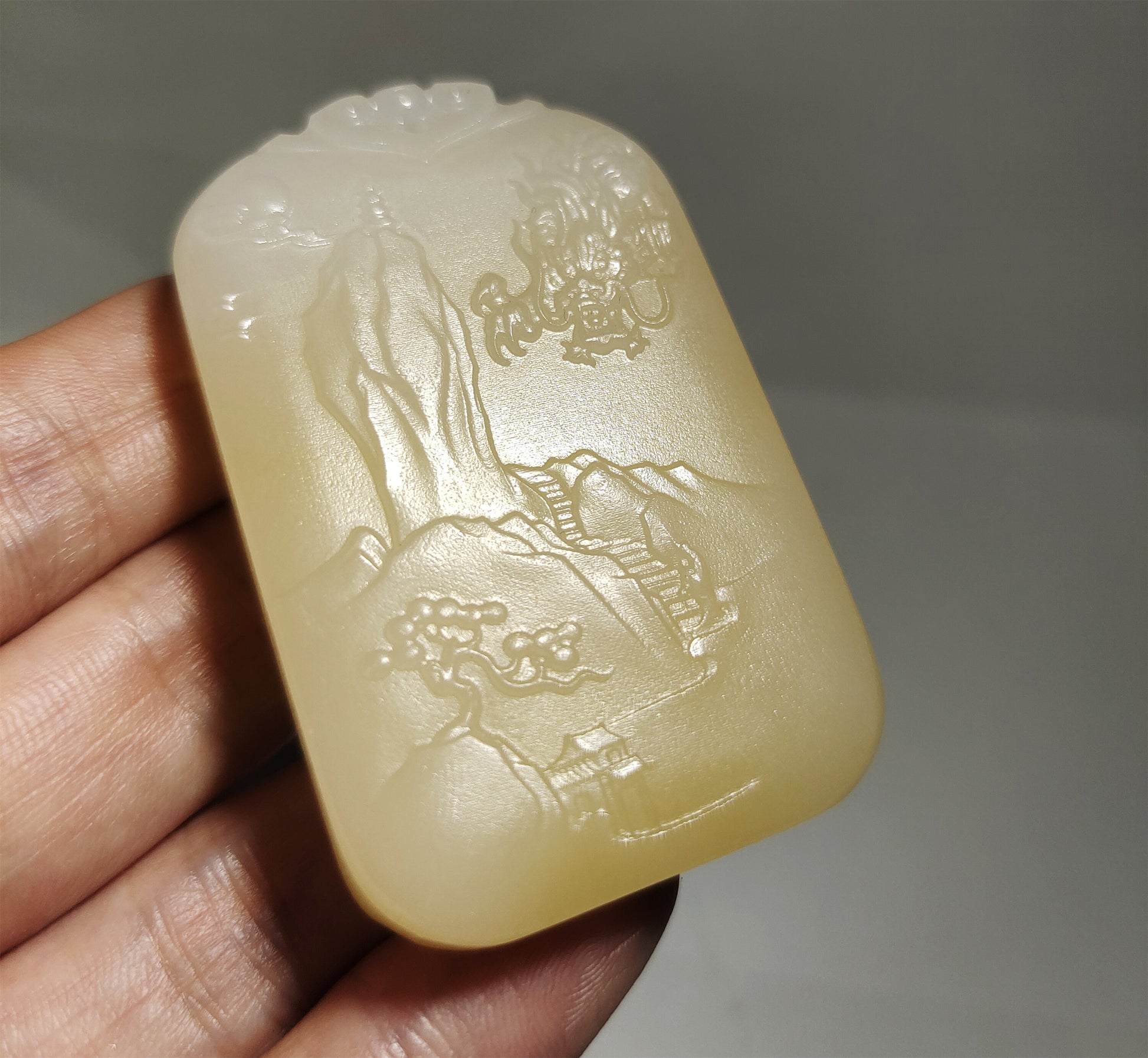 Real Chinese Old Antique White Hetian Jade Landscape Pendant Nephrite Hotan Hill Mountain Tree Bridge Temple hut Dragon Genuine River Pebble Mutton Fat  Authentic natural