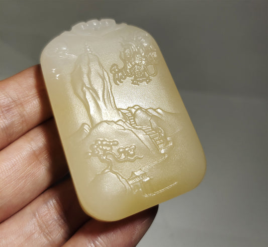 Real Chinese Old Antique White Hetian Jade Landscape Pendant Nephrite Hotan Hill Mountain Tree Bridge Temple hut Dragon Genuine River Pebble Mutton Fat  Authentic natural