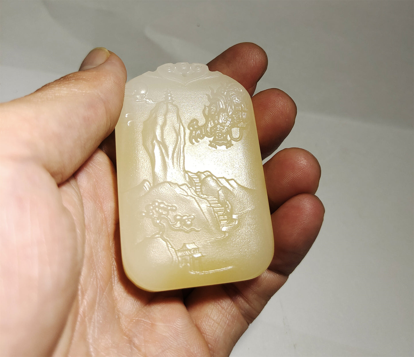 Real Chinese Old Antique White Hetian Jade Landscape Pendant Nephrite Hotan Hill Mountain Tree Bridge Temple hut Dragon Genuine River Pebble Mutton Fat  Authentic natural