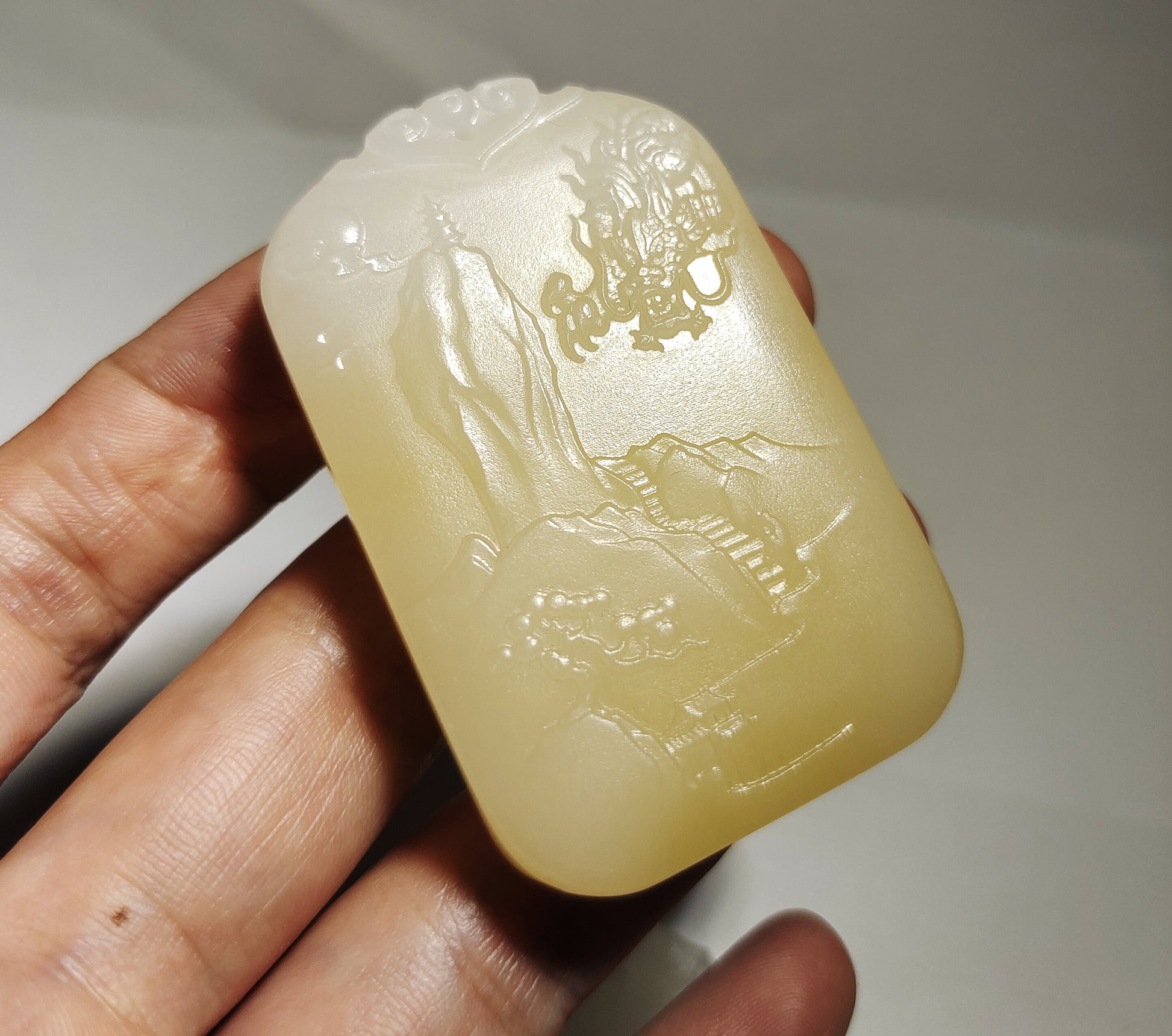 Real Chinese Old Antique White Hetian Jade Landscape Pendant Nephrite Hotan Hill Mountain Tree Bridge Temple hut Dragon Genuine River Pebble Mutton Fat  Authentic natural