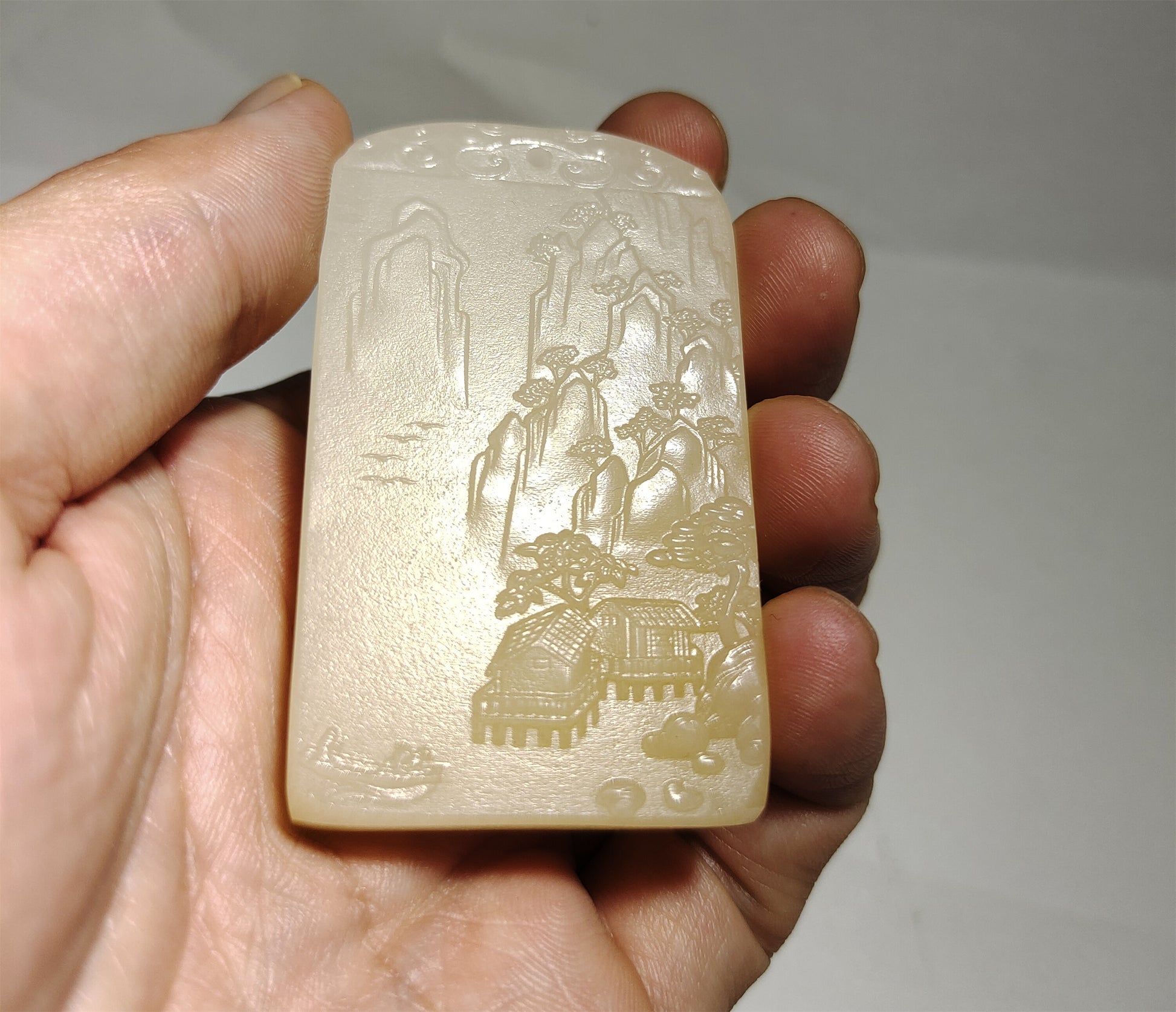 Real Chinese Old Antique White Hetian Jade Landscape Pendant Nephrite Hotan Hill Mountain Tree Elder Bridge Temple Bird hut boat Genuine River Pebble Mutton Fat  Authentic natural