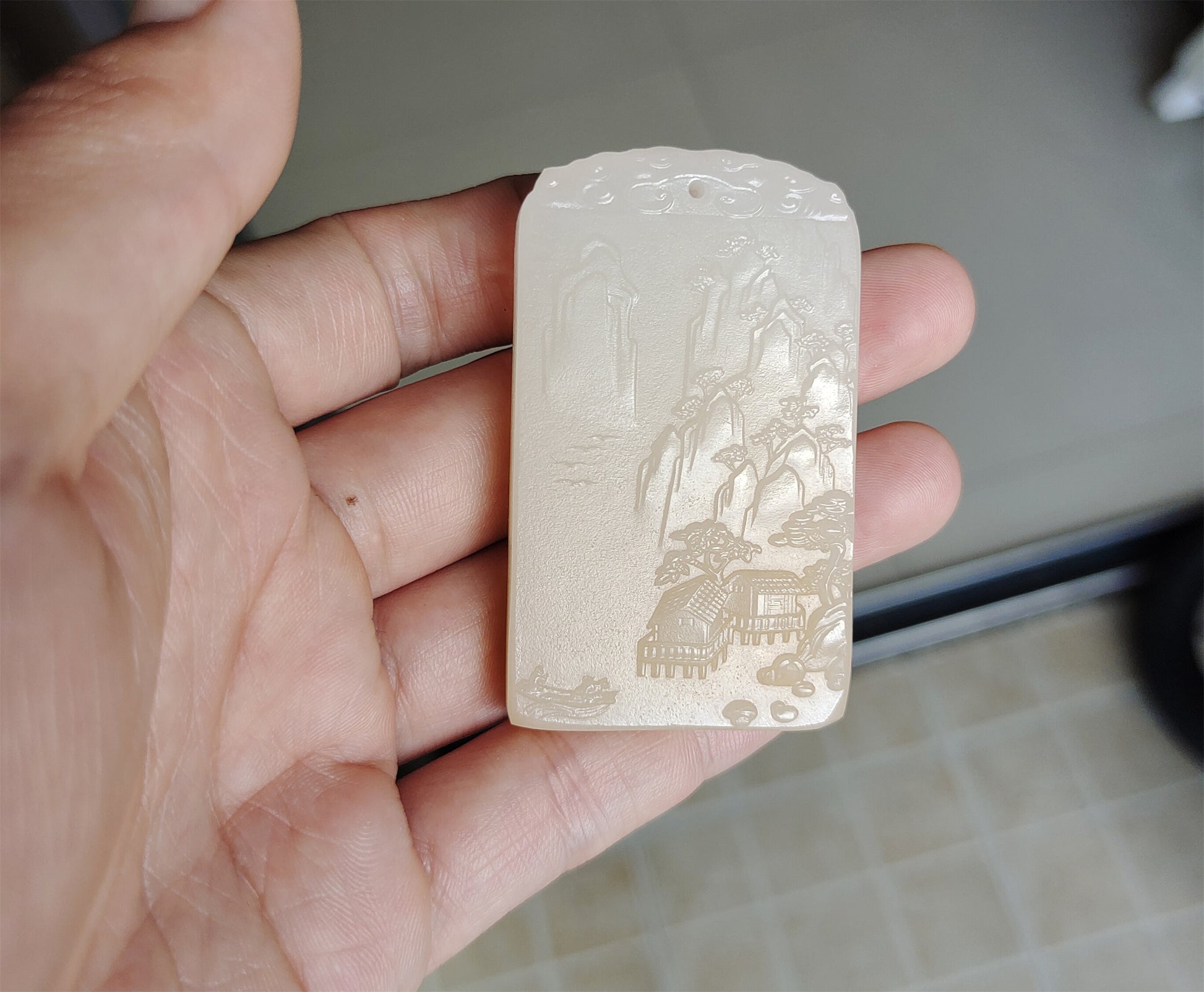 Real Chinese Old Antique White Hetian Jade Landscape Pendant Nephrite Hotan Hill Mountain Tree Elder Bridge Temple Bird hut boat Genuine River Pebble Mutton Fat Authentic natural