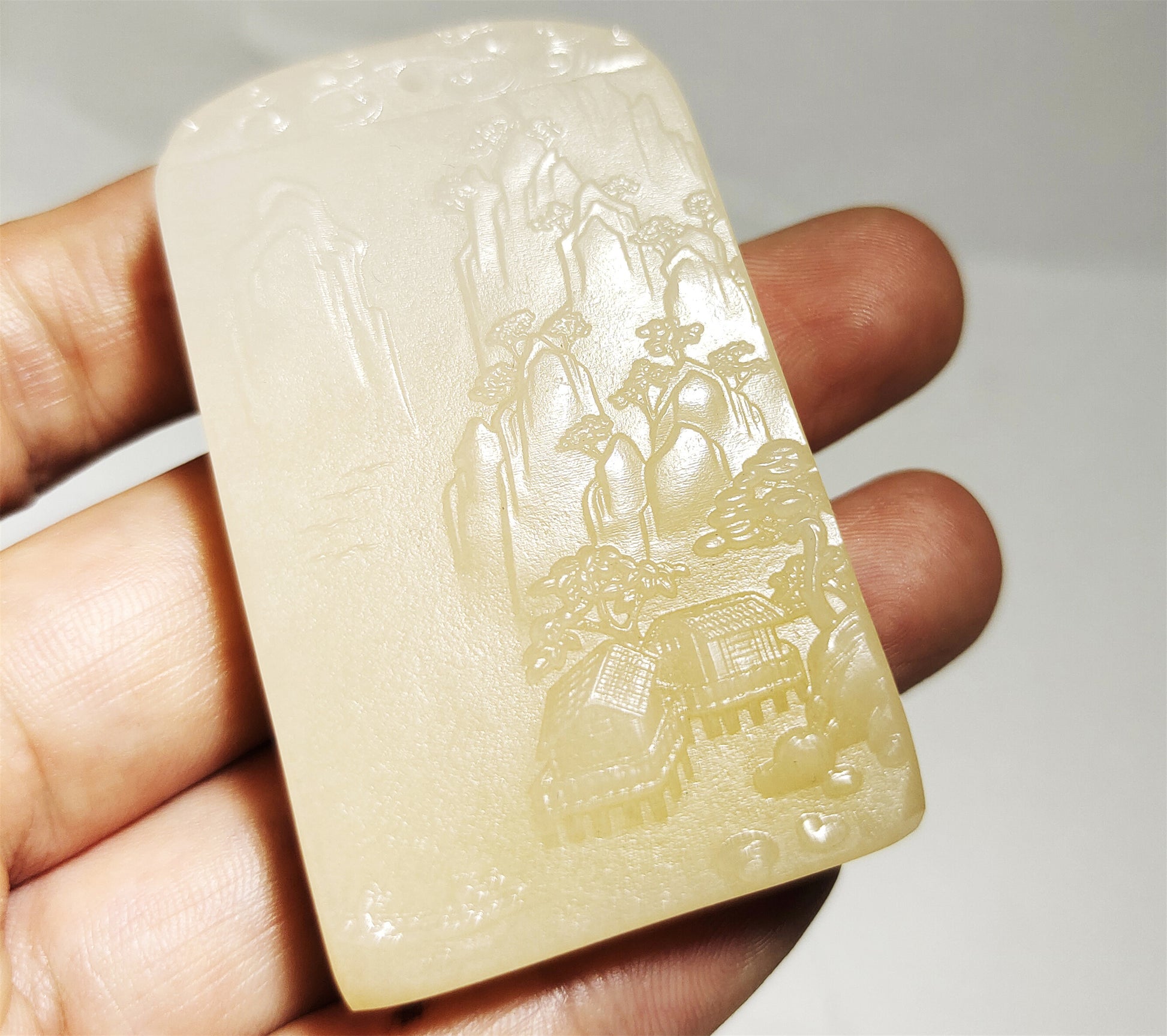 Real Chinese Old Antique White Hetian Jade Landscape Pendant Nephrite Hotan Hill Mountain Tree Elder Bridge Temple Bird hut boat Genuine River Pebble Mutton Fat  Authentic natural