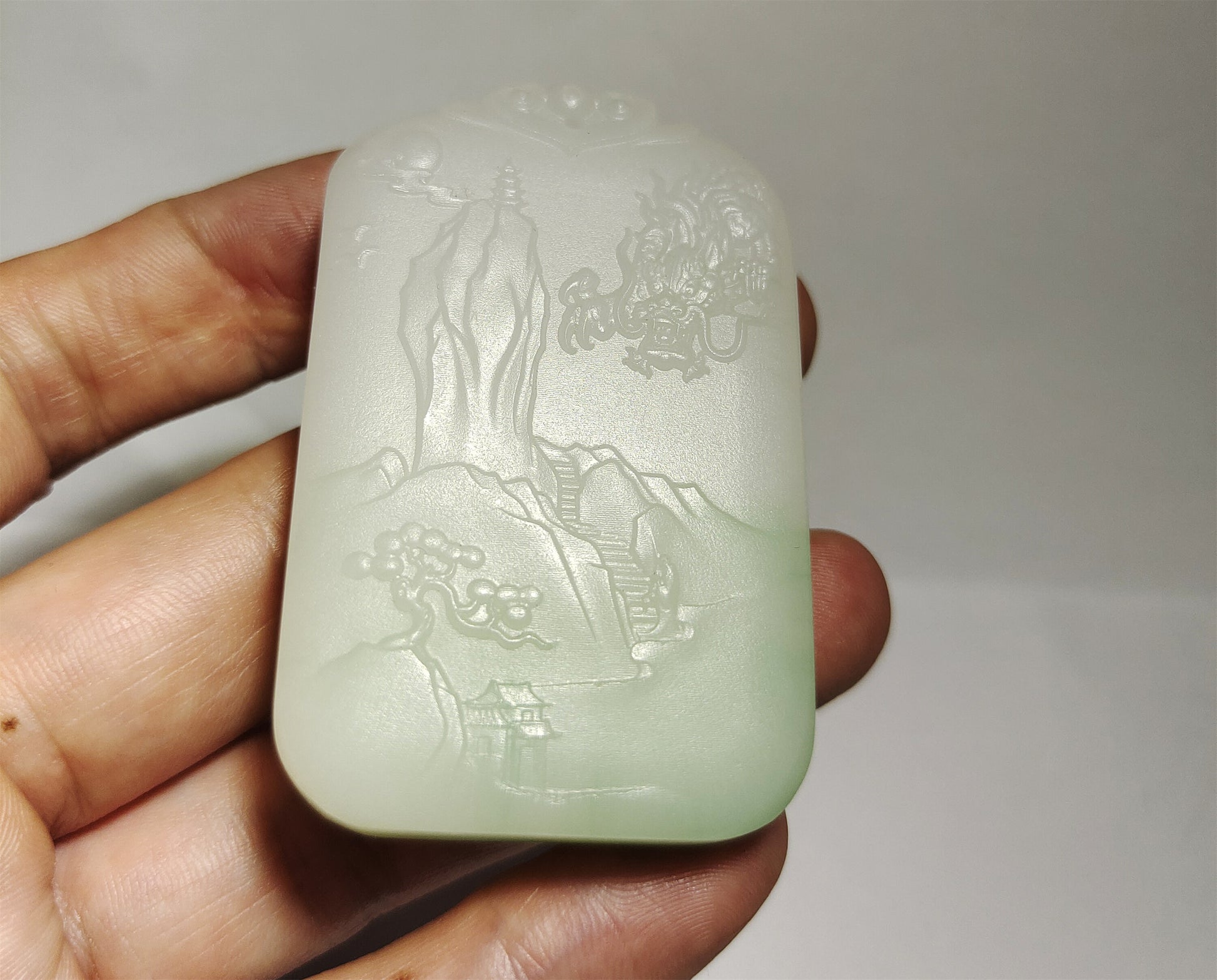 Real Chinese Old Antique White Hetian Jade Landscape Pendant Nephrite Hotan Hill Mountain Tree Elder Bridge Temple Bird hut dragon Genuine River Pebble Mutton Fat  Authentic natural