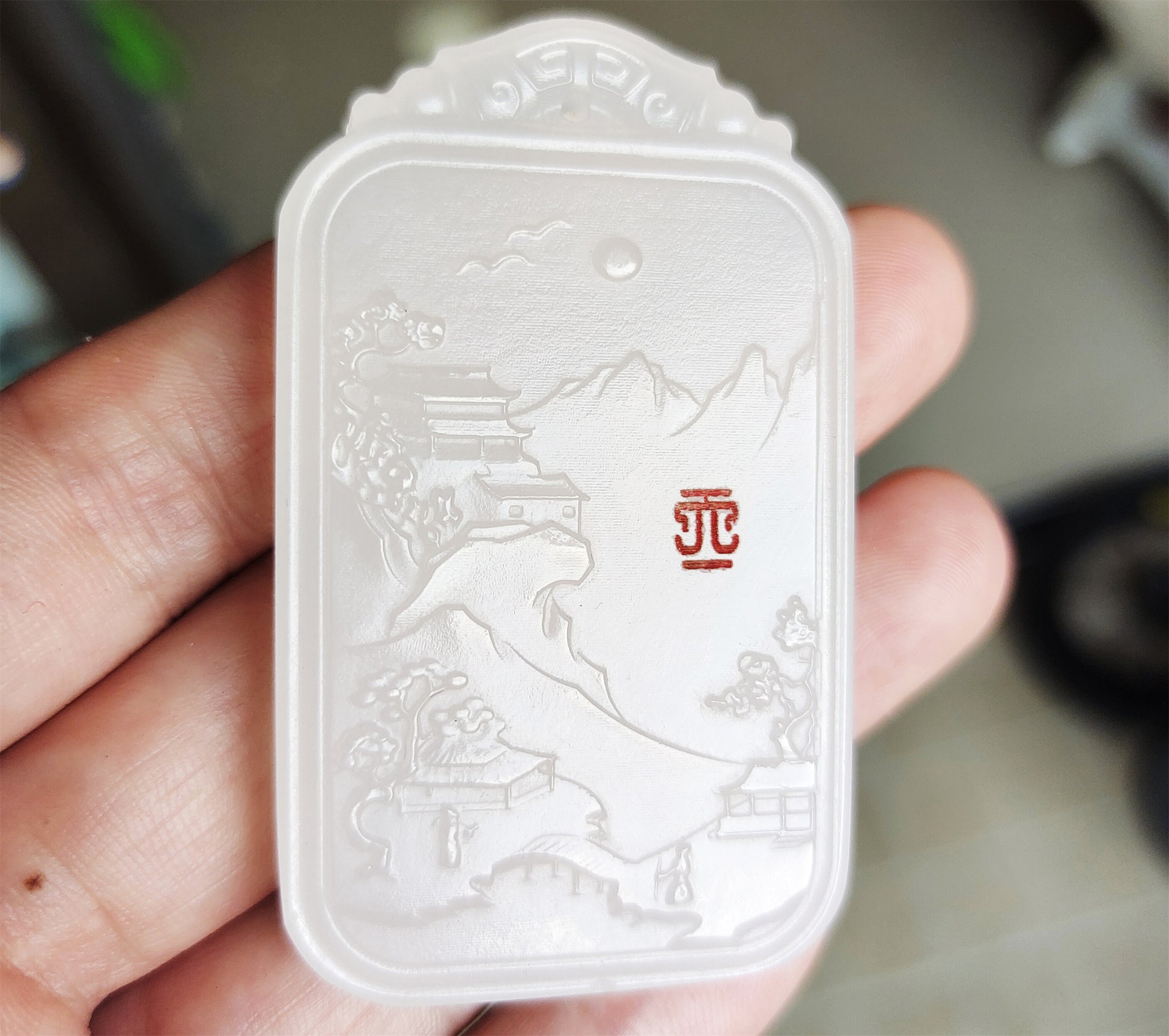 Real Chinese Old Antique White Hetian Jade Landscape Pendant Nephrite Hotan Hill Mountain Tree Elder Bridge Temple Bird hut Genuine River Pebble Mutton Fat  Authentic natural