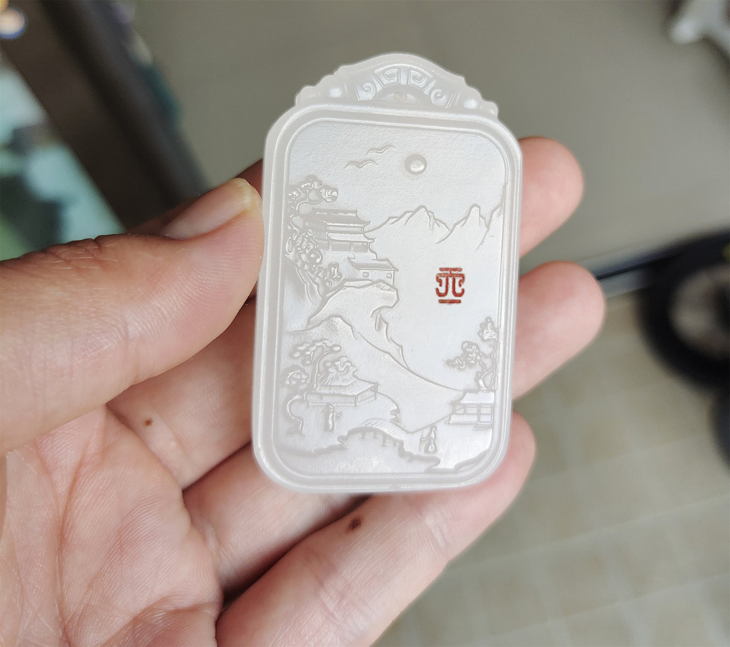 Real Chinese Old Antique White Hetian Jade Landscape Pendant Nephrite Hotan Hill Mountain Tree Elder Bridge Temple Bird hut Genuine River Pebble Mutton Fat  Authentic natural