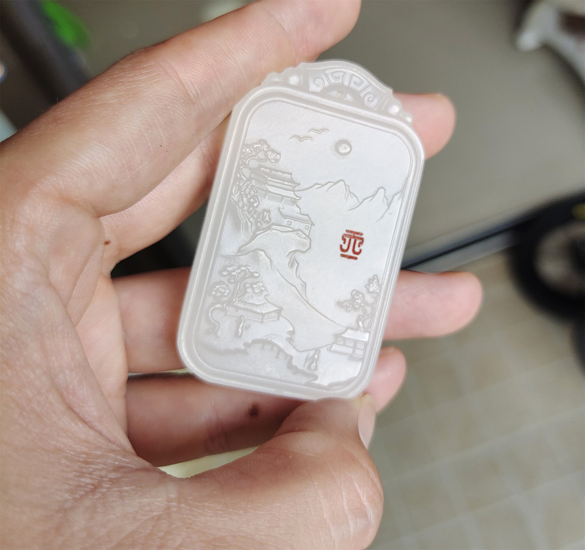 Real Chinese Old Antique White Hetian Jade Landscape Pendant Nephrite Hotan Hill Mountain Tree Elder Bridge Temple Bird hut Genuine River Pebble Mutton Fat  Authentic natural