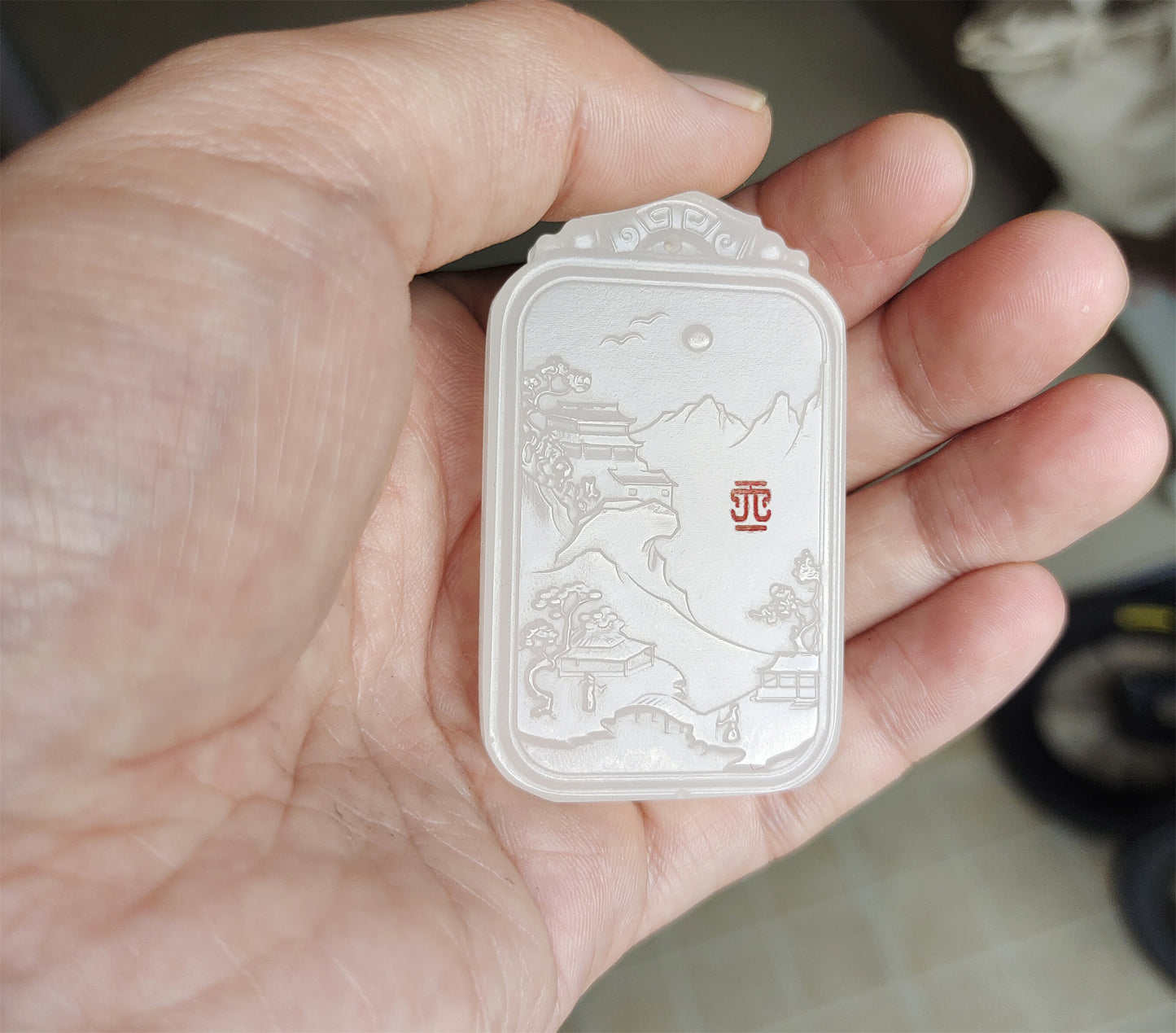 Real Chinese Old Antique White Hetian Jade Landscape Pendant Nephrite Hotan Hill Mountain Tree Elder Bridge Temple Bird hut Genuine River Pebble Mutton Fat  Authentic natural