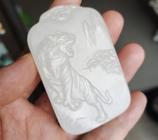 Real Chinese Old Antique White Hetian Jade Tiger Landscape Pendant Nephrite Hotan Genuine River Pebble Mutton Fat  Authentic natural