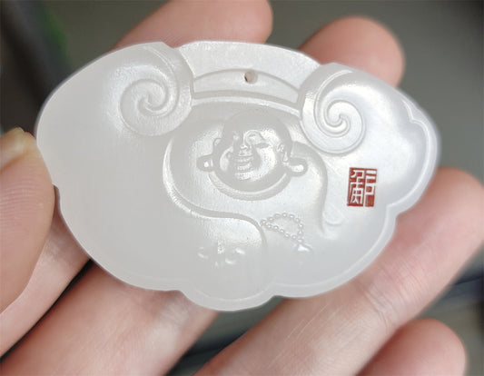 Real Chinese Old Antique White Hetian Jade happy smile Buddha Pendant Nephrite Hotan ruyi bat Genuine River Pebble Mutton Fat Maitreya Authentic natural