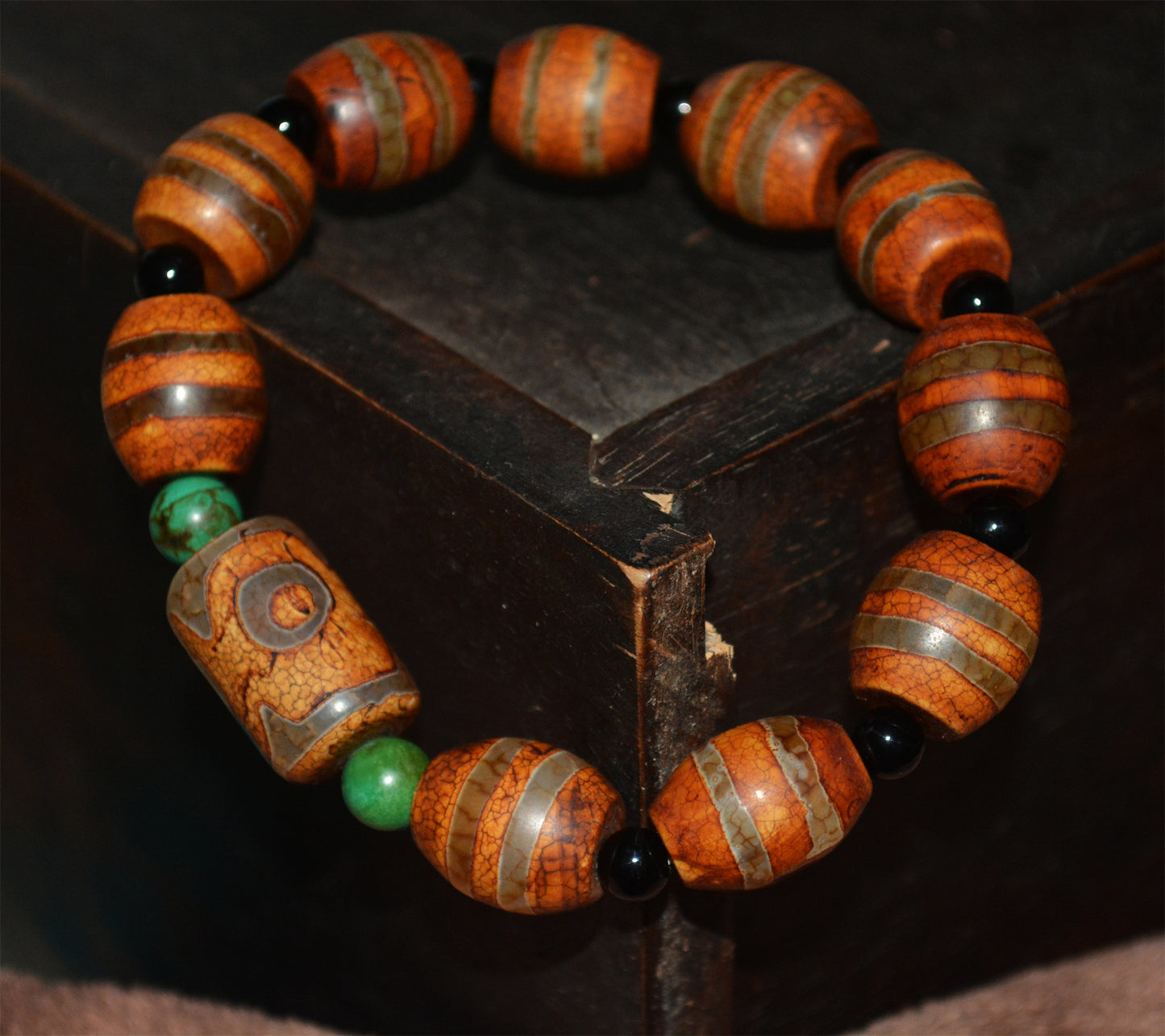 Real Himalaya Old Ancient Three Eyes Dzi Bead Bracelet Amulet Mala Prayer Beads Tibetan Agate Striped Gzi