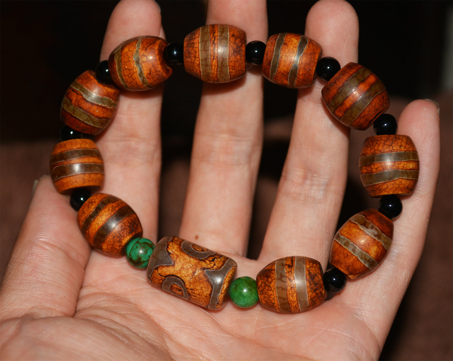 Real Himalaya Old Ancient Three Eyes Dzi Bead Bracelet Amulet Mala Prayer Beads Tibetan Agate Striped Gzi