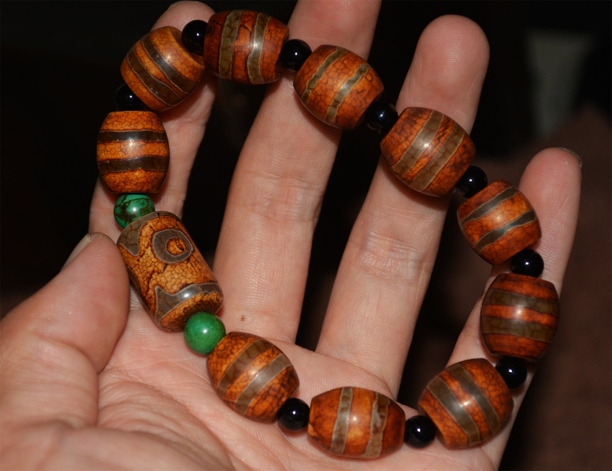 Real Himalaya Old Ancient Three Eyes Dzi Bead Bracelet Amulet Mala Prayer Beads Tibetan Agate Striped Gzi