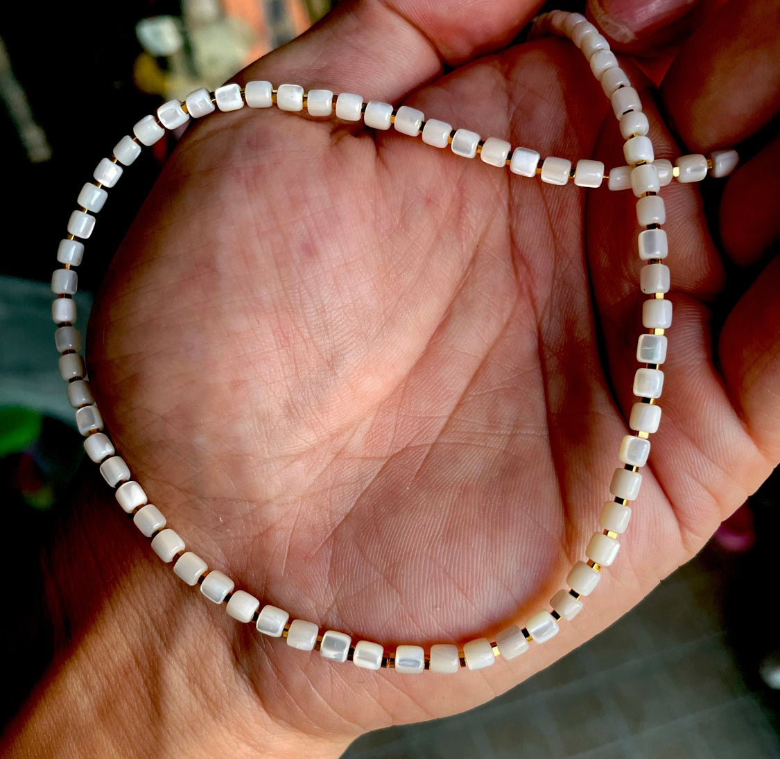 Real Himalaya Old Antiqe Pearl Bracelet Necklace Mini Small Size Mother of Pearl Tibetan Shell Mala Prayer Beads Natural 藏传老珍珠小桶珠手链鱼骨老剁珠项链手串贝壳管珠锁骨链