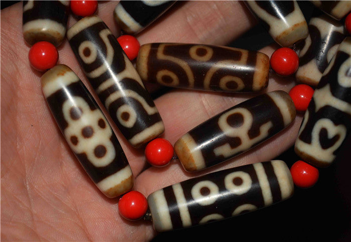 Real Himalaya Old Two Eyes Dzi Bead Amulet Six Five Eight Three Lotus Ruyi Tibet Agate Pure Gzi Old Antique Talisman