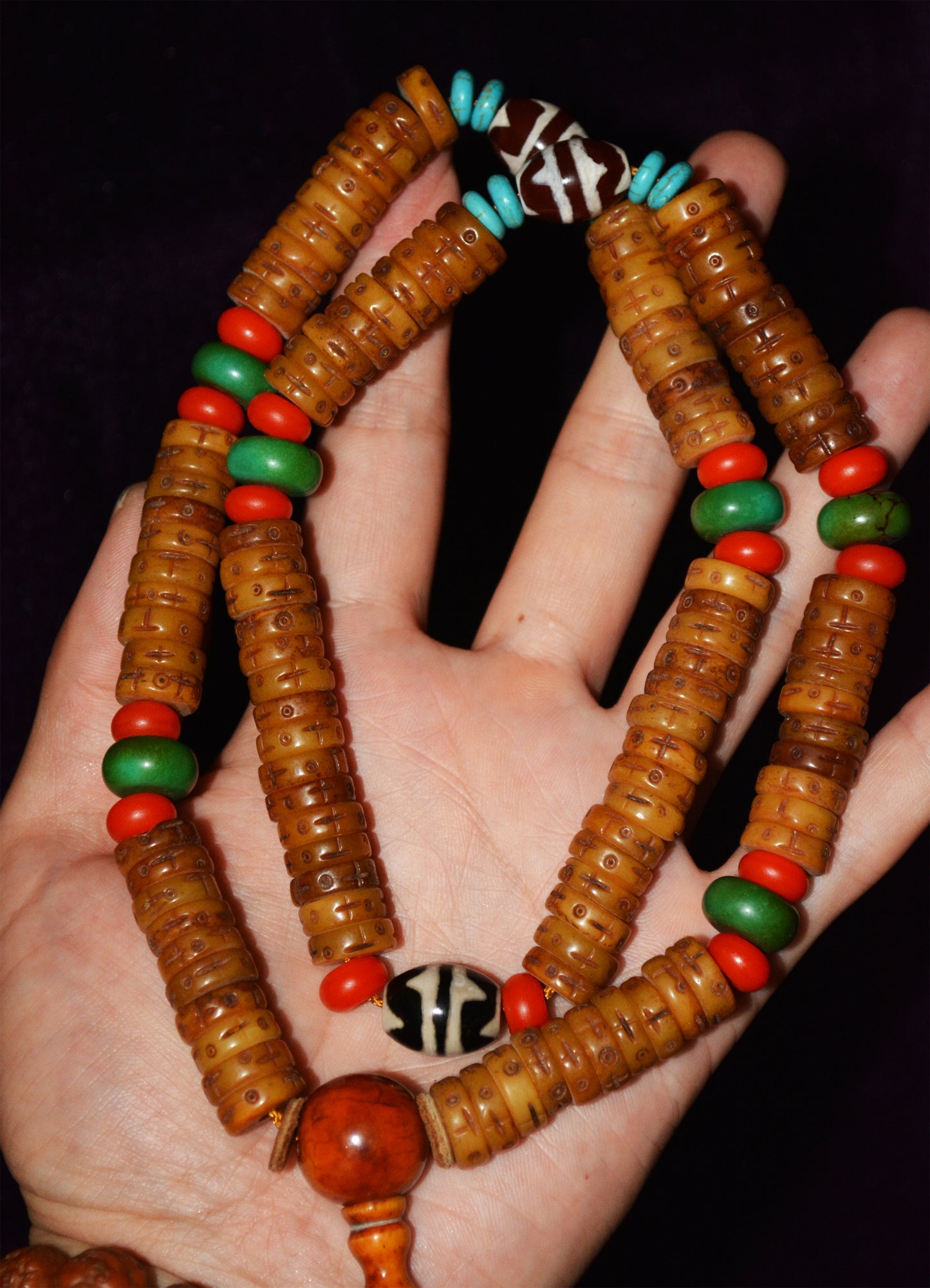 Real Himalayan Old Antique Kapala Bone Mala Prayer Beads Tibetan Rosary Bracelet Amulet Buddhism Lucky Talisman Tiger Tooth Zigzag Dzi Bead