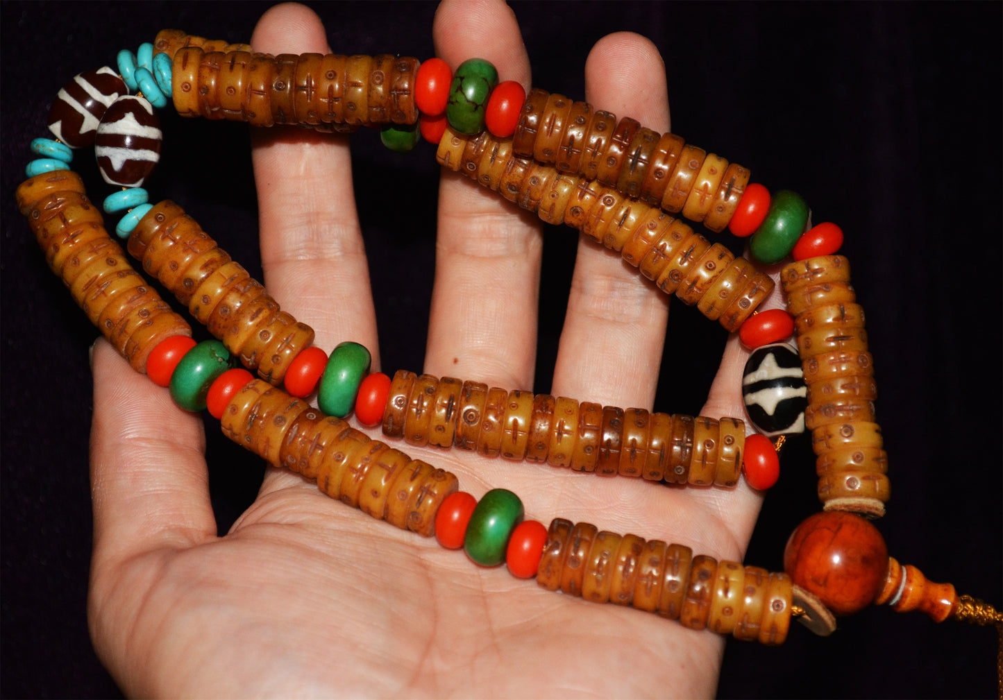 Real Himalayan Old Antique Kapala Bone Mala Prayer Beads Tibetan Rosary Bracelet Amulet Buddhism Lucky Talisman Tiger Tooth Zigzag Dzi Bead