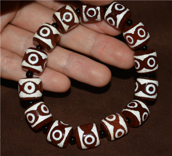 Real Himalayan Old Antique Three Eyes Dzi Bead Bracelet Mala Amulet Tibet Agate 3 Eyed Gzi Talisman