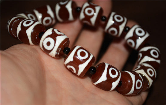 Real Himalayan Old Antique Three Eyes Dzi Bead Bracelet Mala Amulet Tibet Agate 3 Eyed Gzi Talisman