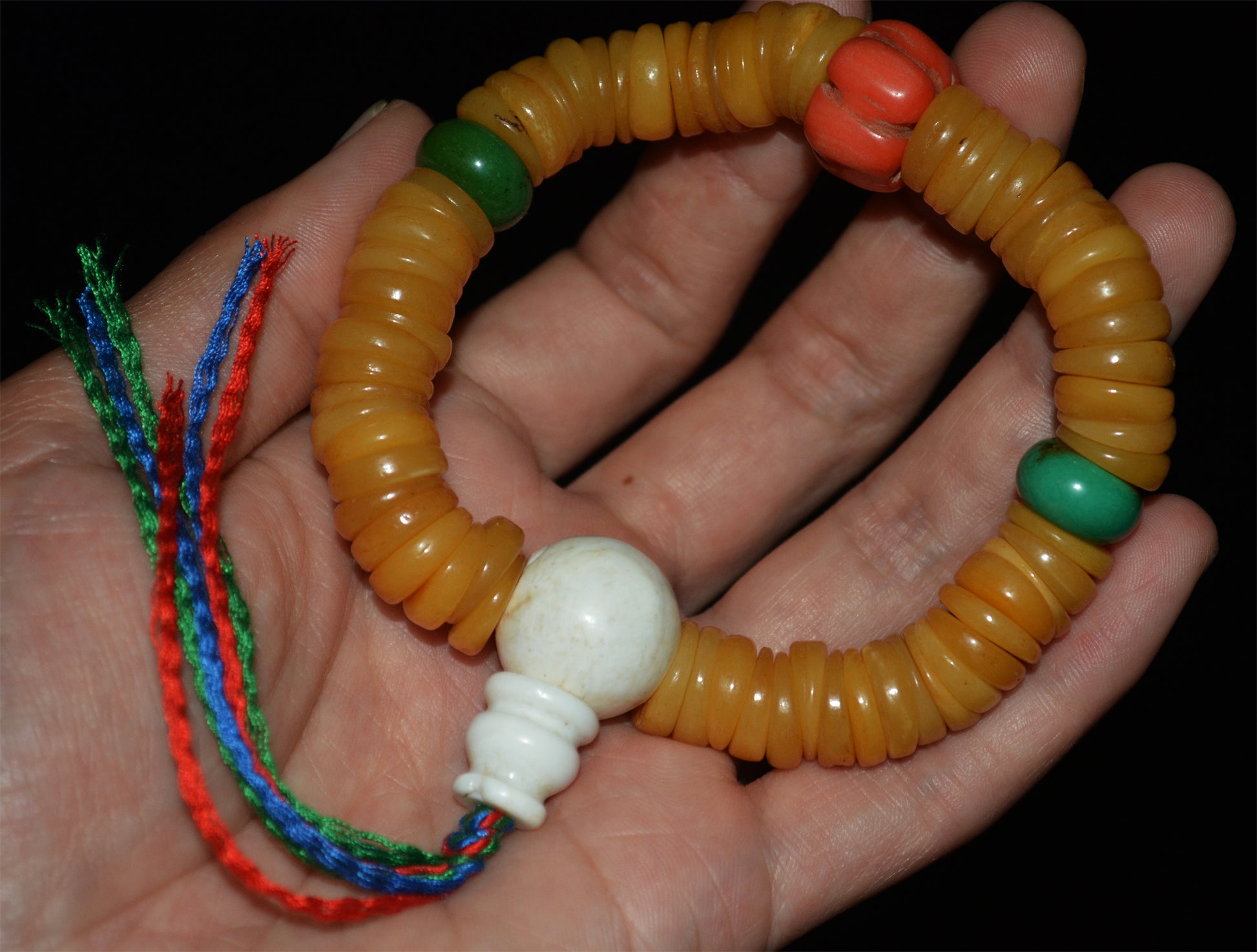 Real Himalayas Old Antique Kapala Bone Mala Prayer Beads Bracelet Rosary Tibetan Amulet Red Coral Turquoise 