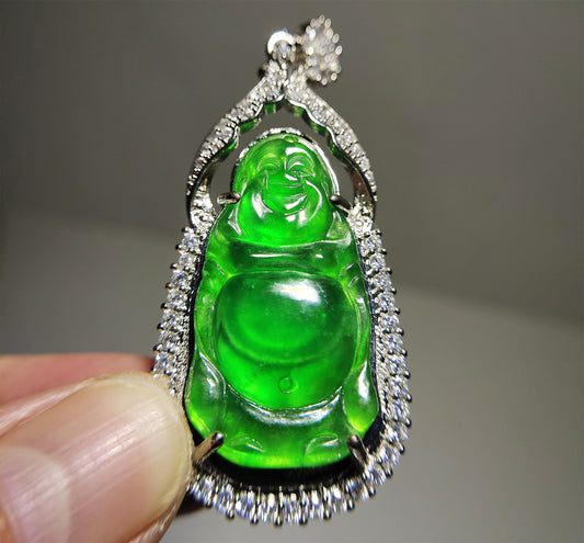 Real Natural Grade A Glassy Jadeite Pendant Happy Smile Buddha Genuine Icy Emerald Green Jade Maitreya Amulet Authentic Talisman