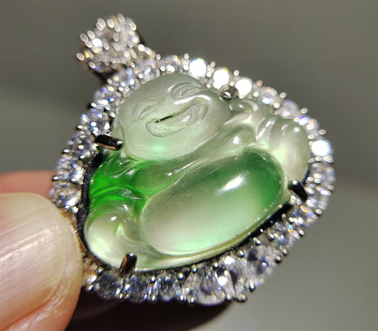 Real Natural Grade A Glassy Jadeite Pendant Happy Smile Buddha Genuine Icy Emerald Green Jade Maitreya Amulet Authentic Talisman