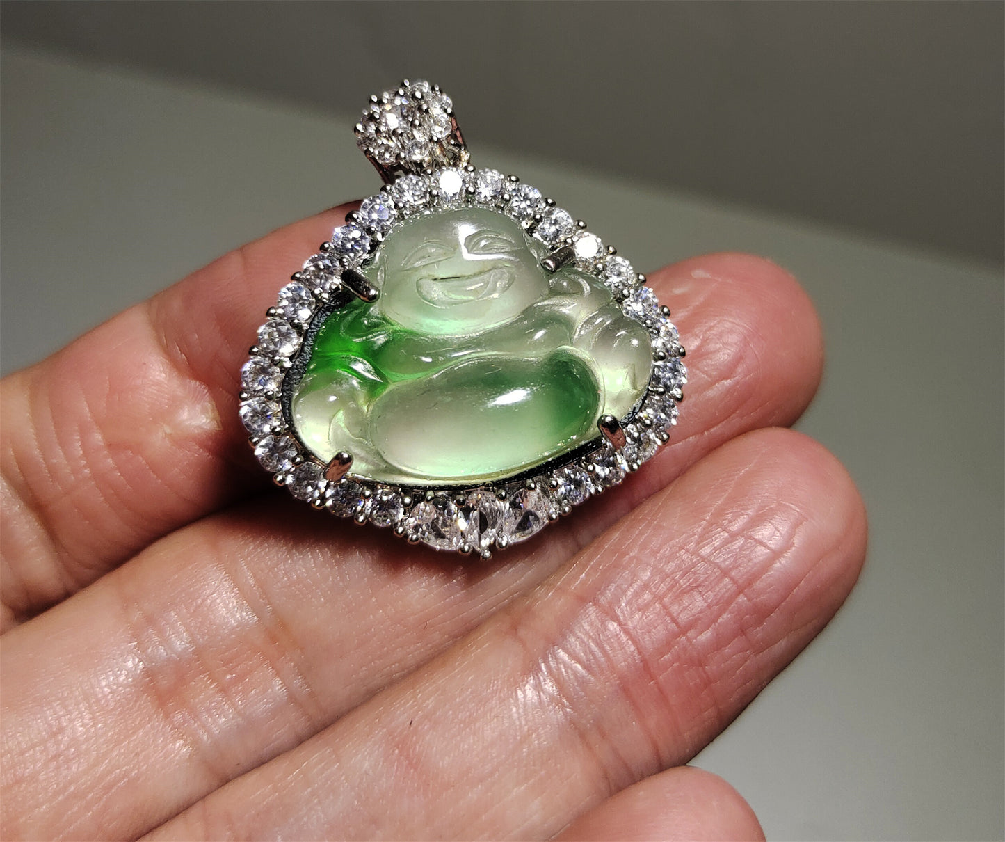 Real Natural Grade A Glassy Jadeite Pendant Happy Smile Buddha Genuine Icy Emerald Green Jade Maitreya Amulet Authentic Talisman