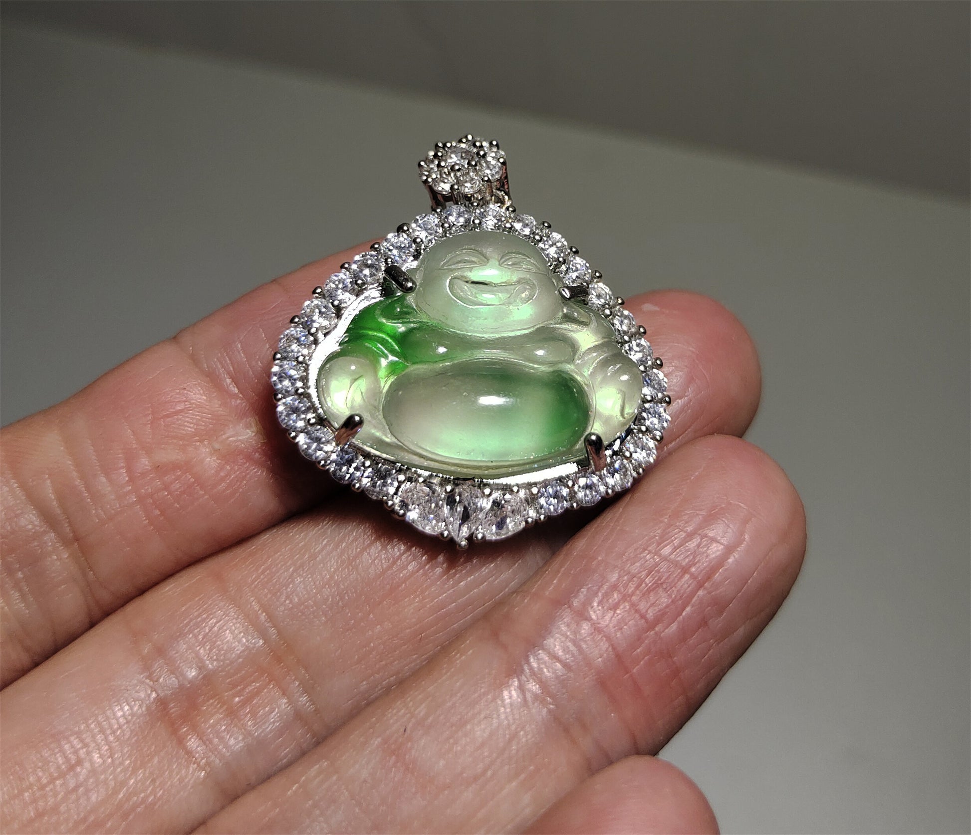 Real Natural Grade A Glassy Jadeite Pendant Happy Smile Buddha Genuine Icy Emerald Green Jade Maitreya Amulet Authentic Talisman