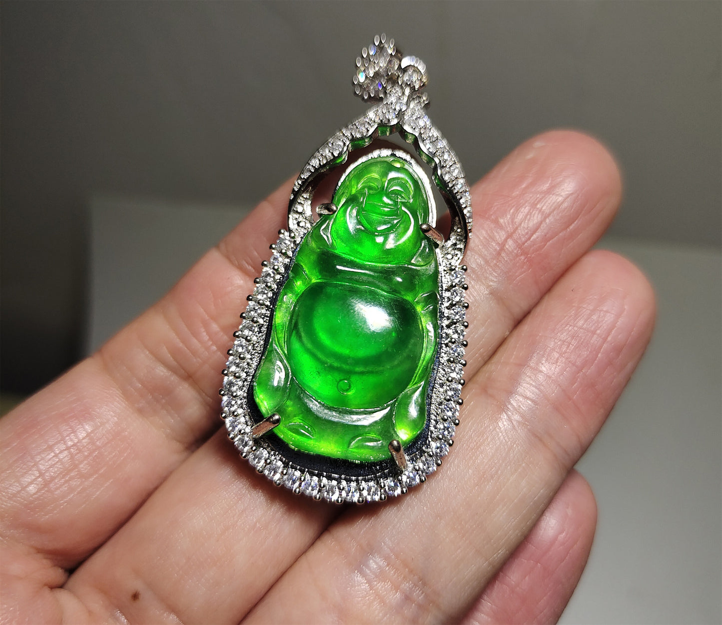 Real Natural Grade A Glassy Jadeite Pendant Happy Smile Buddha Genuine Icy Emerald Green Jade Maitreya Amulet Authentic Talisman