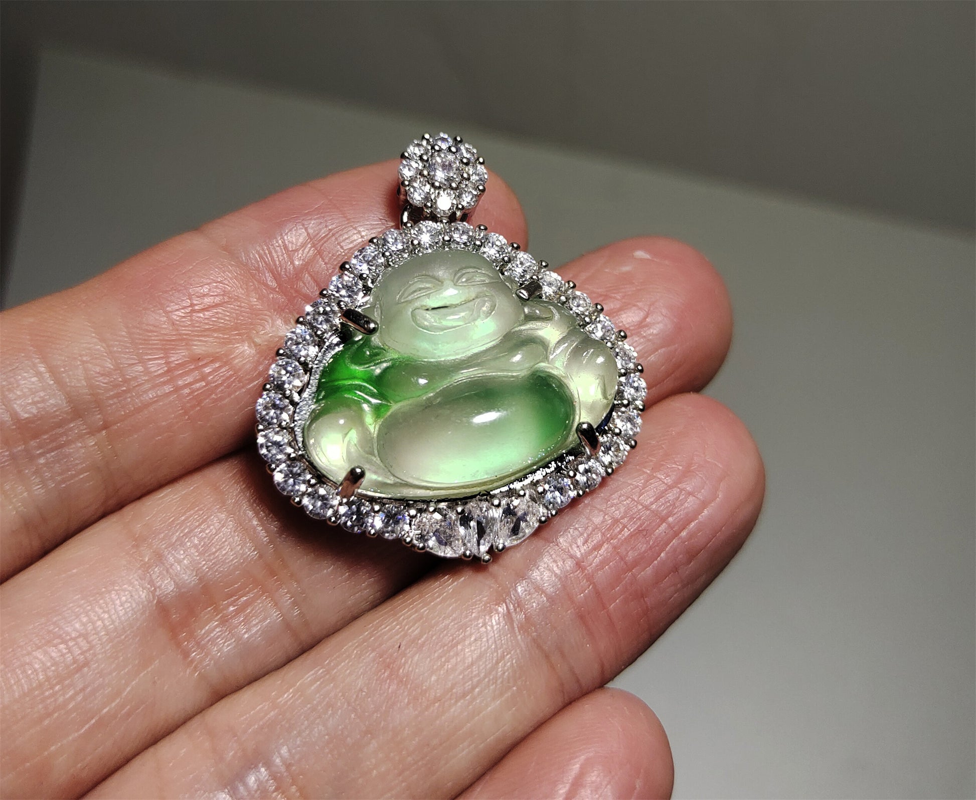 Real Natural Grade A Glassy Jadeite Pendant Happy Smile Buddha Genuine Icy Emerald Green Jade Maitreya Amulet Authentic Talisman