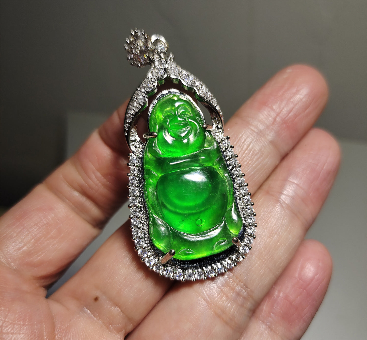 Real Natural Grade A Glassy Jadeite Pendant Happy Smile Buddha Genuine Icy Emerald Green Jade Maitreya Amulet Authentic Talisman