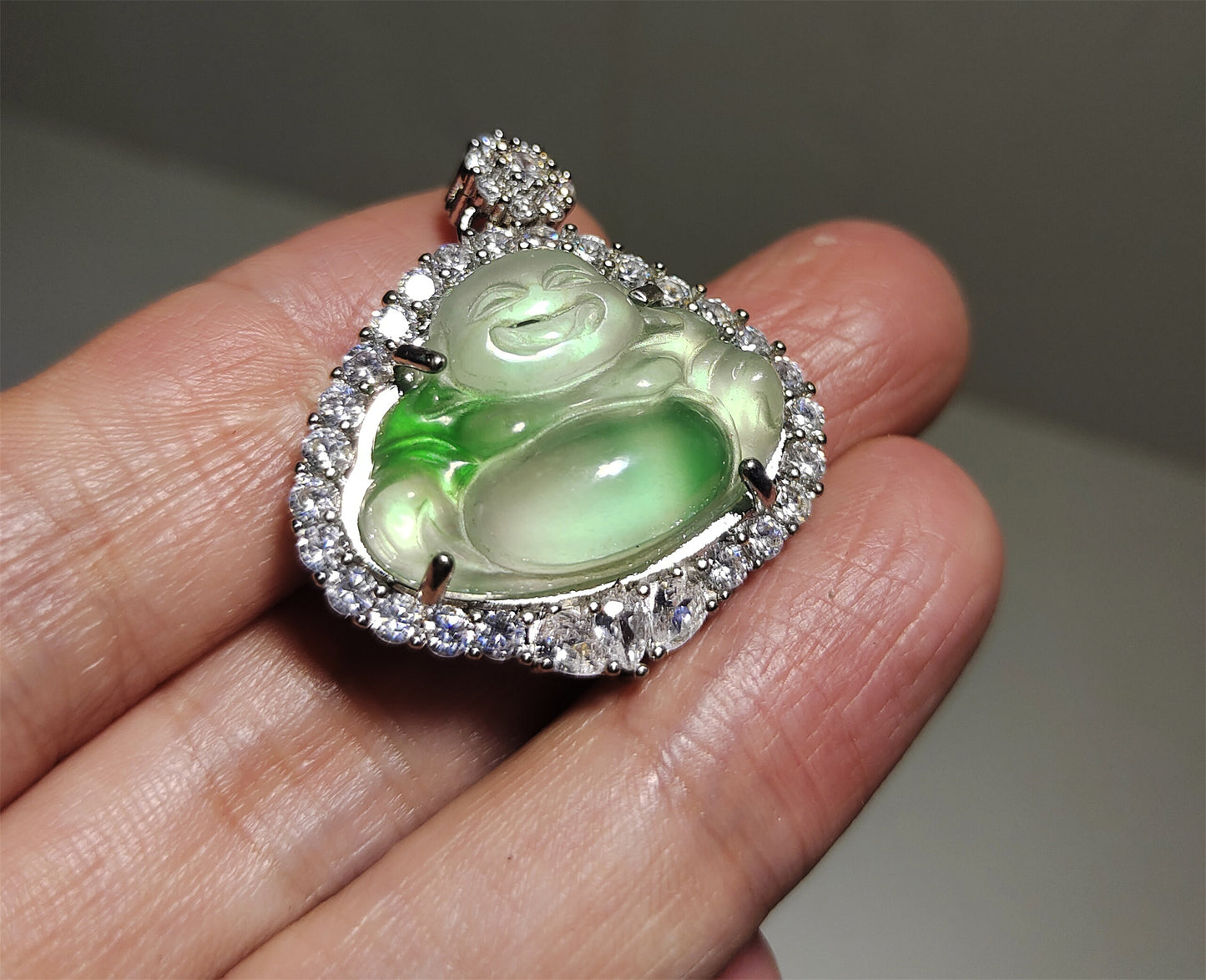 Real Natural Grade A Glassy Jadeite Pendant Happy Smile Buddha Genuine Icy Emerald Green Jade Maitreya Amulet Authentic Talisman