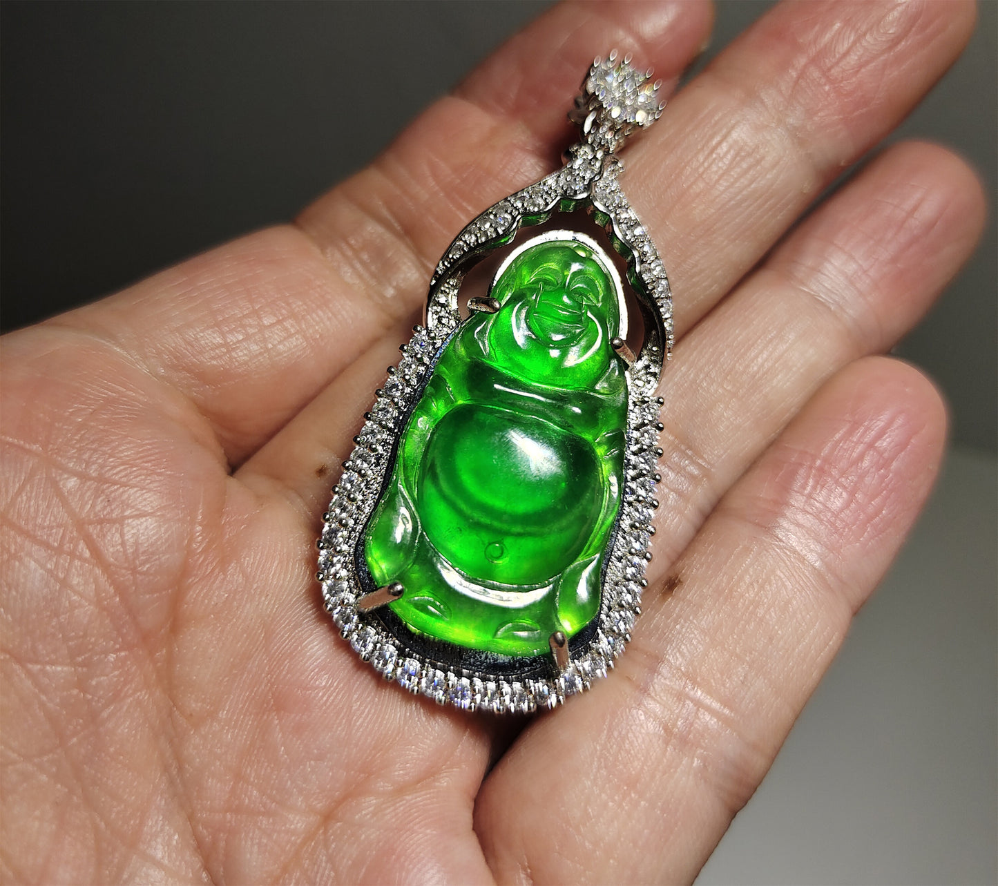 Real Natural Grade A Glassy Jadeite Pendant Happy Smile Buddha Genuine Icy Emerald Green Jade Maitreya Amulet Authentic Talisman