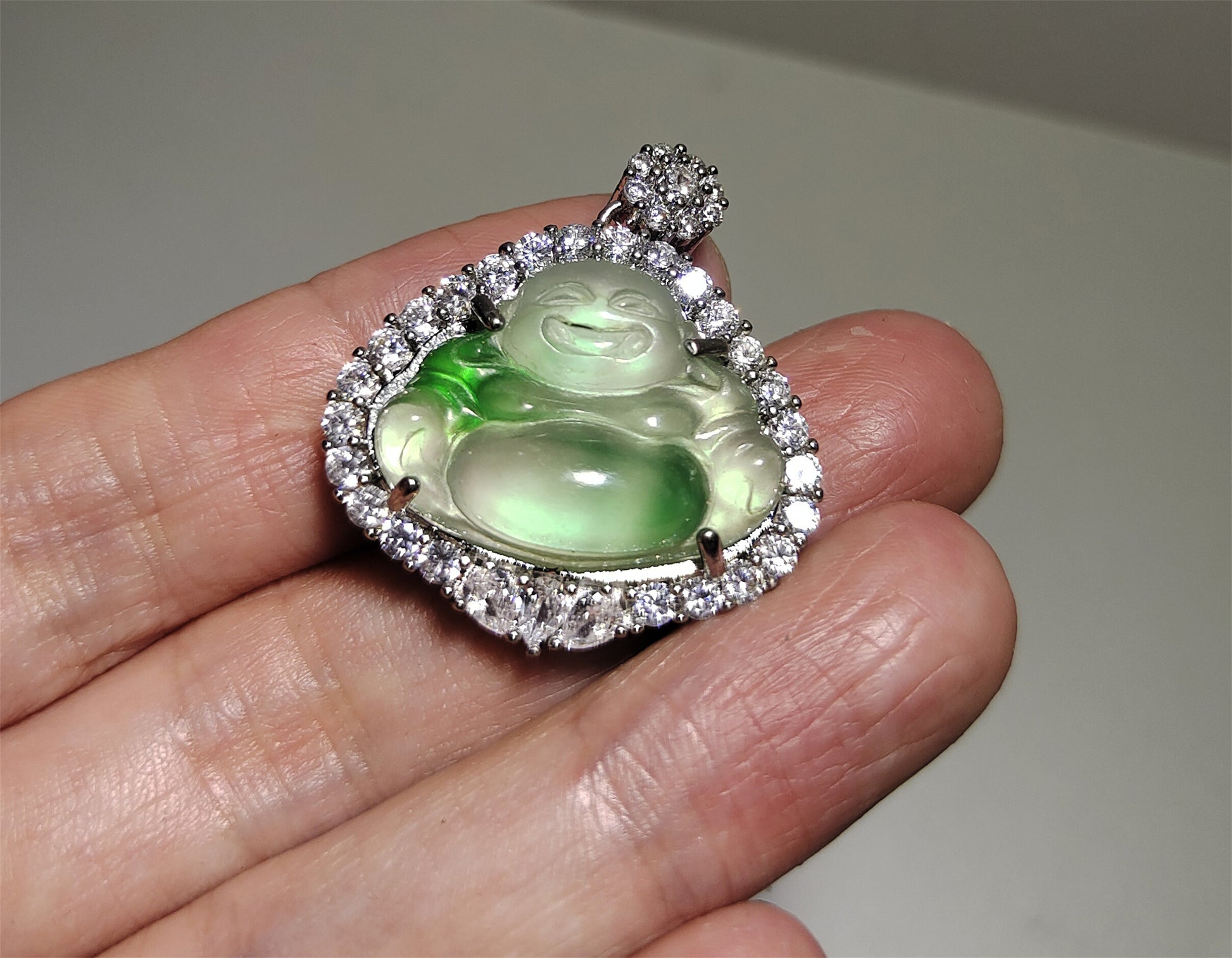 Real Natural Grade A Glassy Jadeite Pendant Happy Smile Buddha Genuine Icy Emerald Green Jade Maitreya Amulet Authentic Talisman