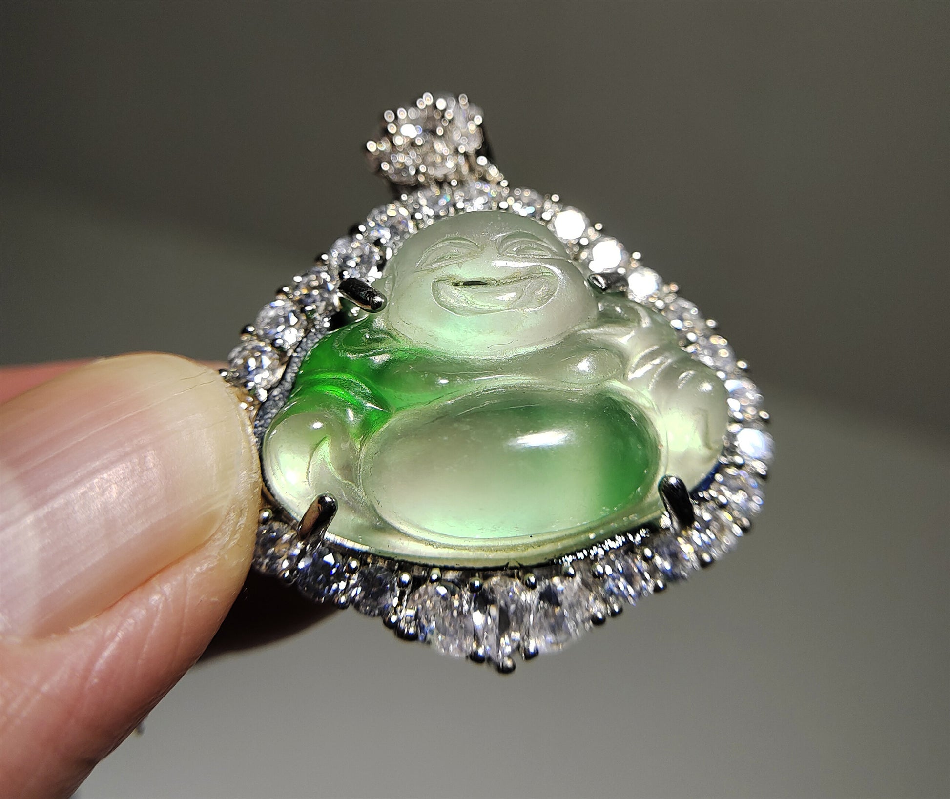 Real Natural Grade A Glassy Jadeite Pendant Happy Smile Buddha Genuine Icy Emerald Green Jade Maitreya Amulet Authentic Talisman