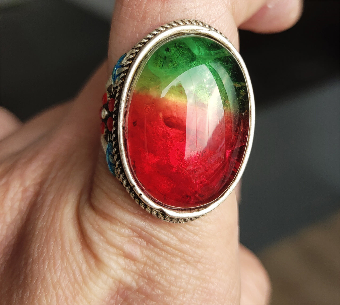 Real Natural Tourmaline Finger Ring Watermelon Crystal China Old Antique Real Gemstone Multi Color Green Pink Glassy