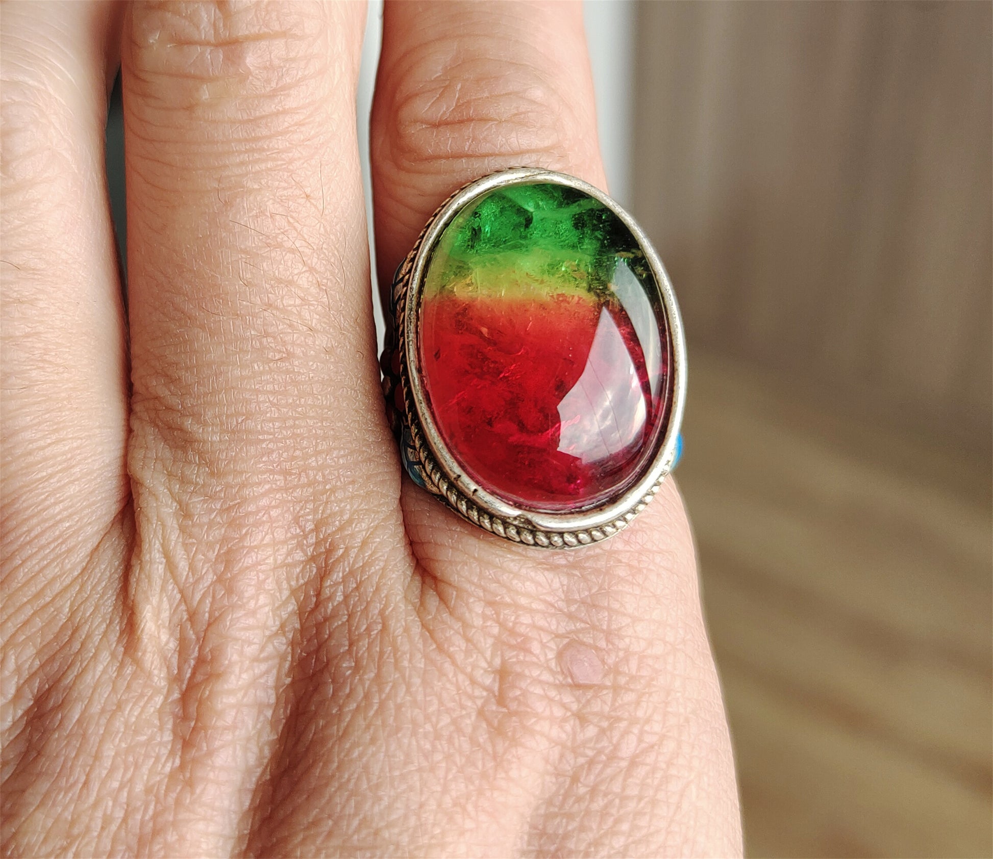 Real Natural Tourmaline Finger Ring Watermelon Crystal China Old Antique Real Gemstone Multi Color Green Pink Glassy