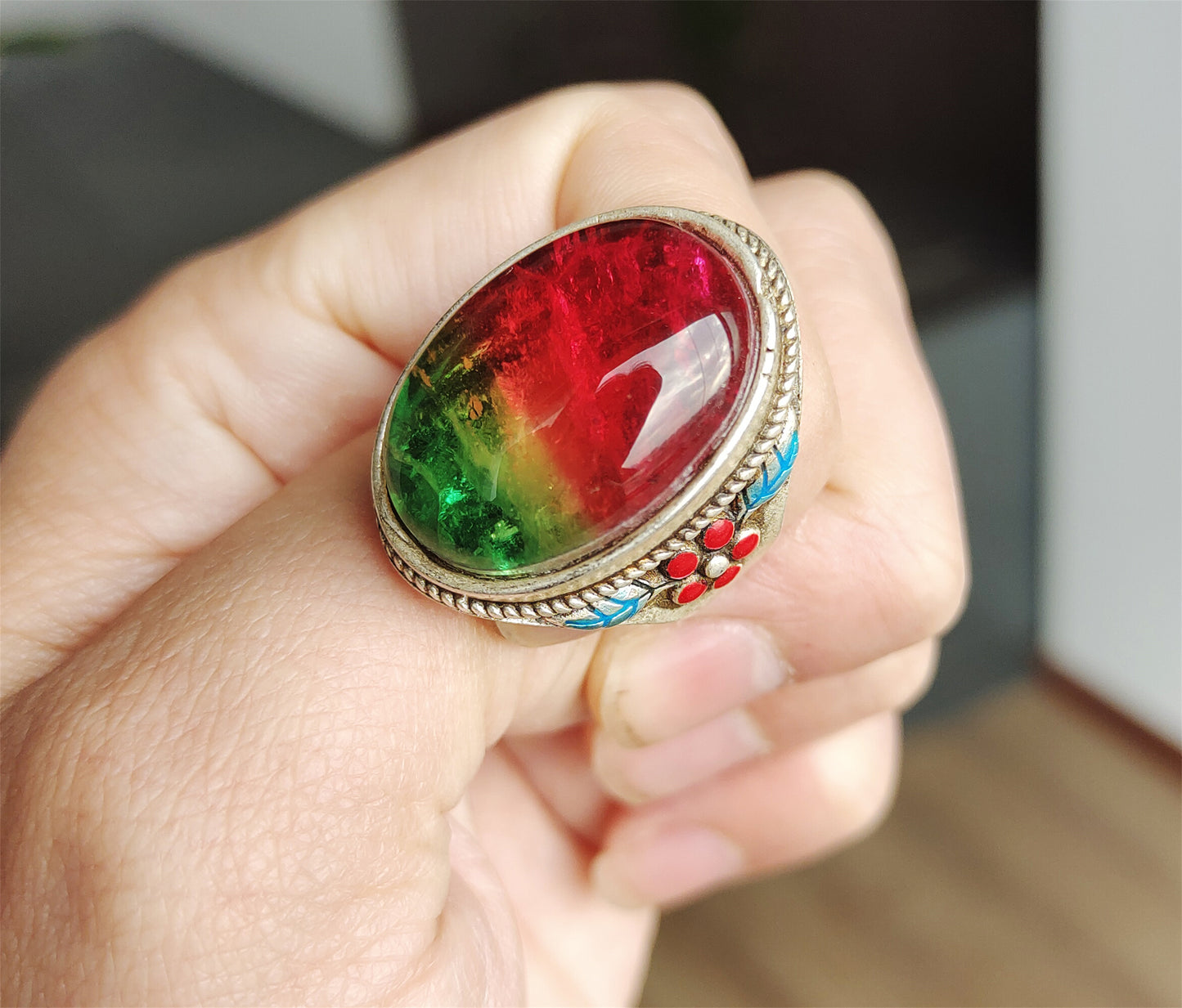 Real Natural Tourmaline Finger Ring Watermelon Crystal China Old Antique Real Gemstone Multi Color Green Pink Glassy