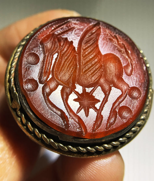 Real Old Ancient Agate Stone Sassanian Ring Seal Stamp Intaglio Bead Carnelian Pendant Engraved Horse