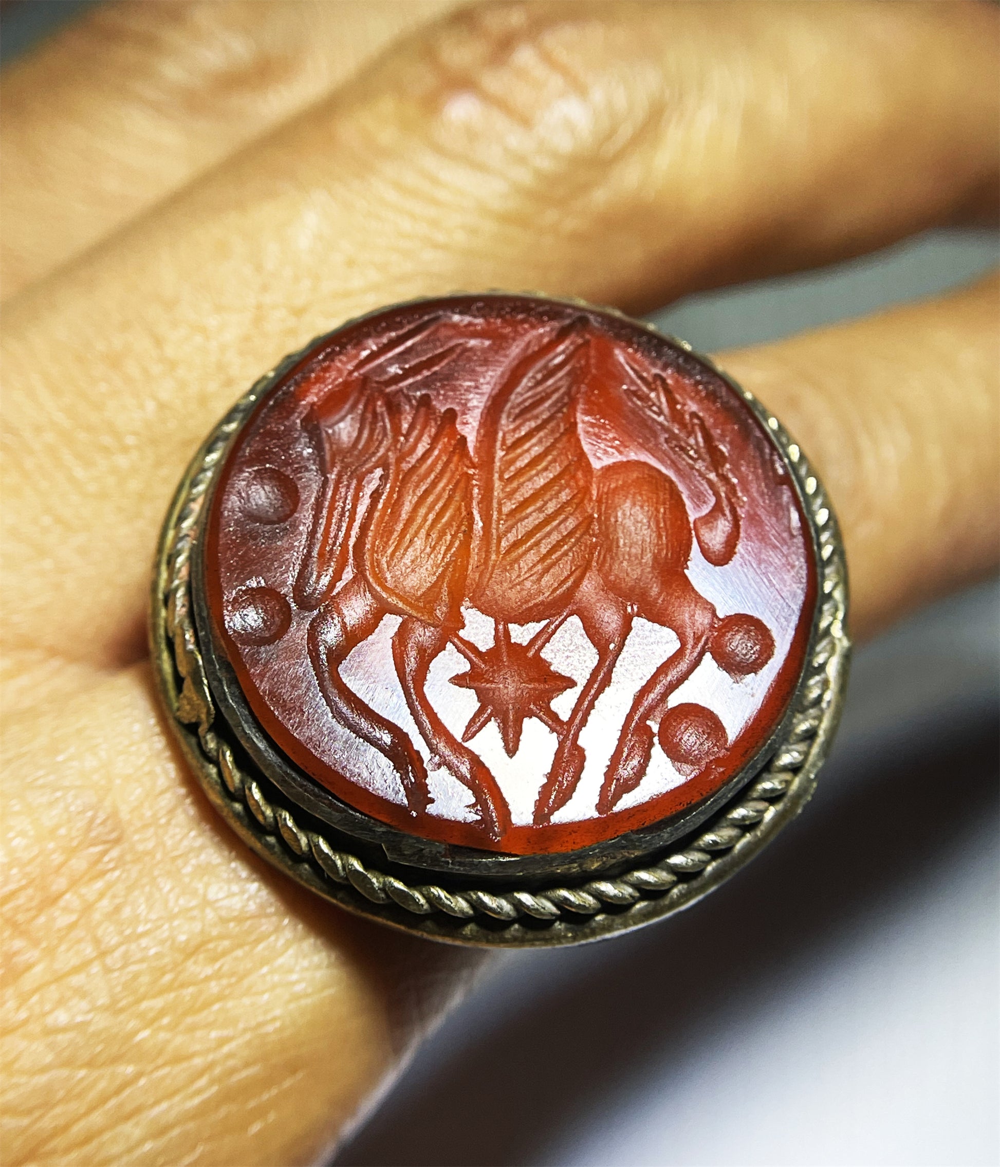 Real Old Ancient Agate Stone Sassanian Ring Seal Stamp Intaglio Bead Carnelian Pendant Engraved Horse