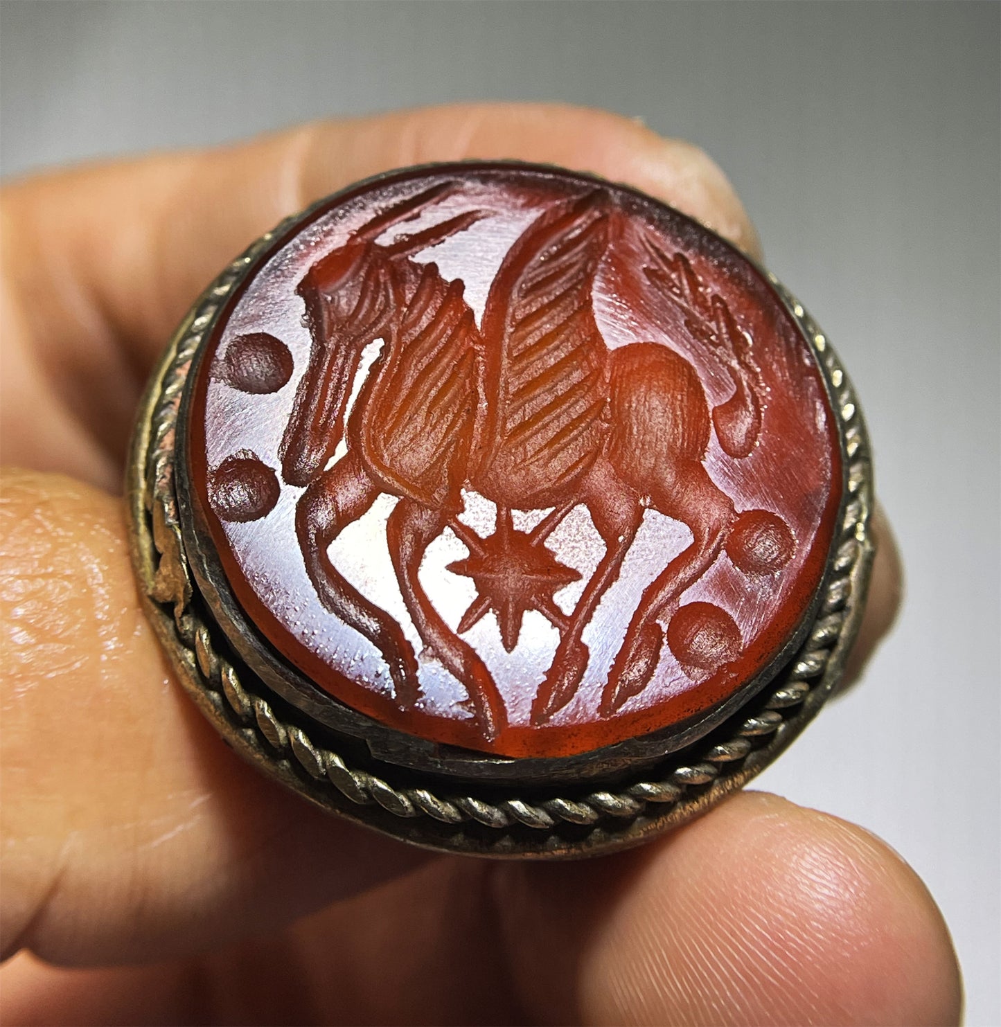 Real Old Ancient Agate Stone Sassanian Ring Seal Stamp Intaglio Bead Carnelian Pendant Engraved Horse