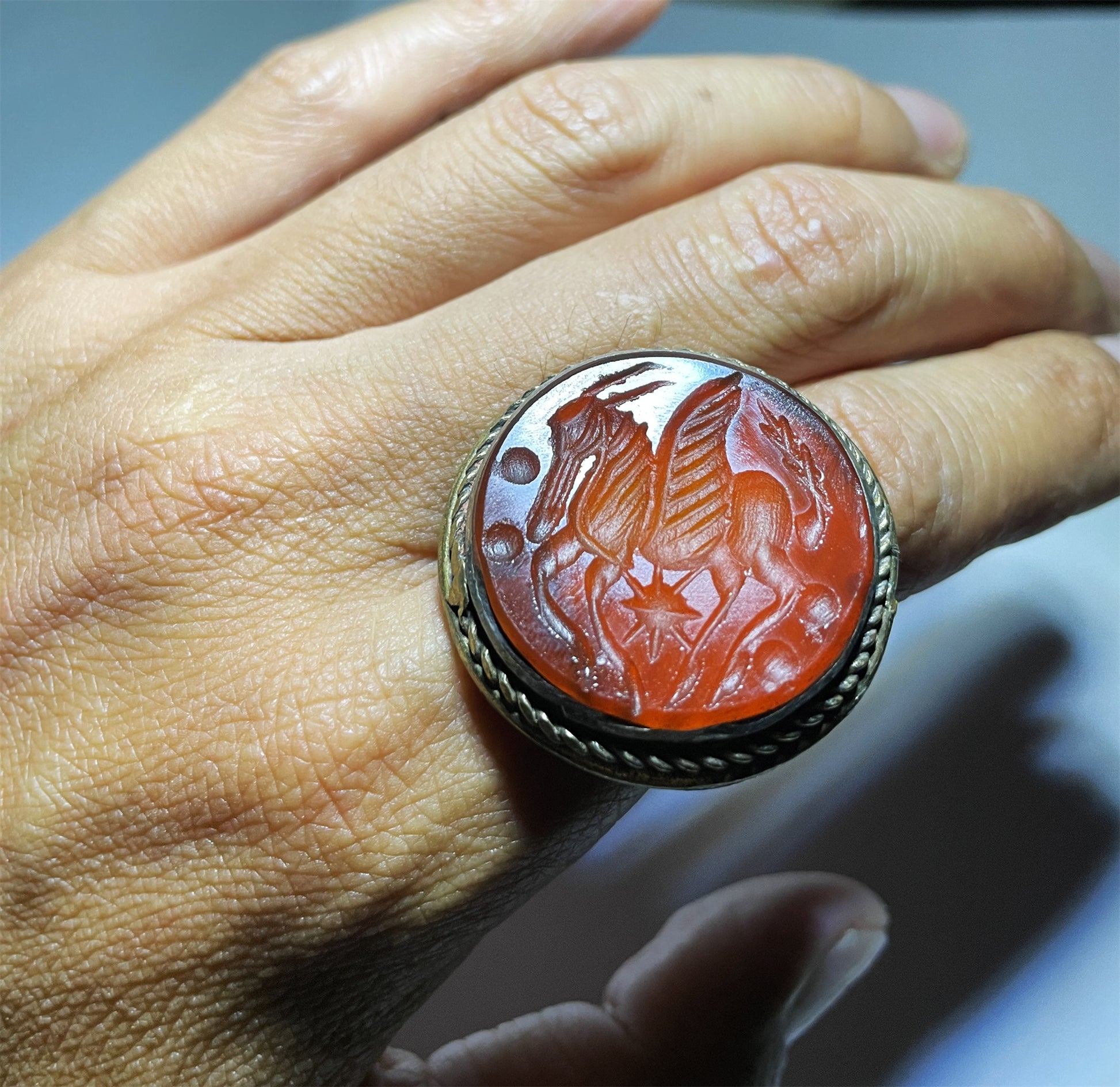 Real Old Ancient Agate Stone Sassanian Ring Seal Stamp Intaglio Bead Carnelian Pendant Engraved Horse